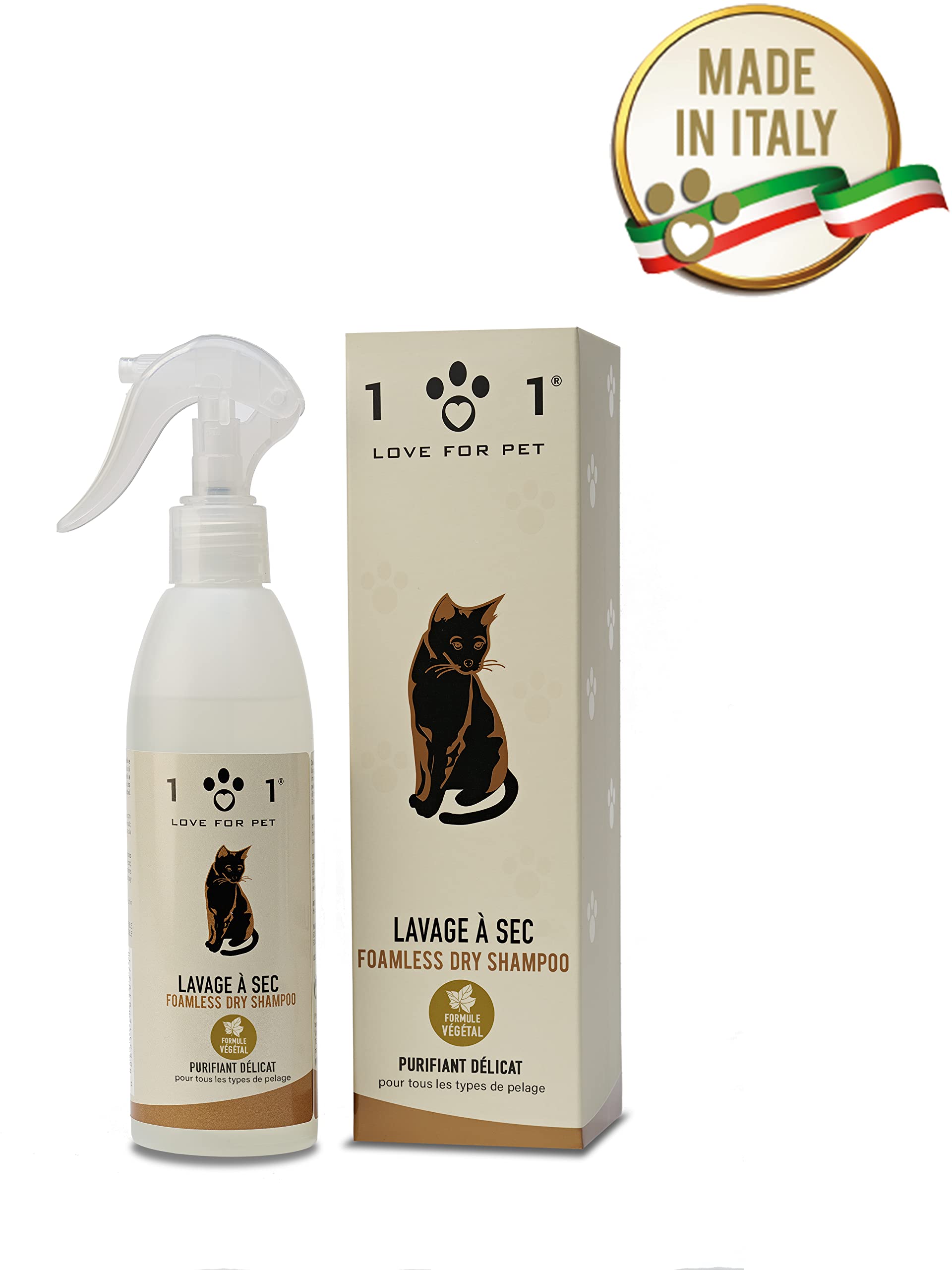 Linea 101 Shampoing Sec Chat Naturel 250 ML sans Rinçage à Base de Plantes Toilettage du Chat Rapide, Shampoing Pelage Propre et Parfum Doux Made in Italy