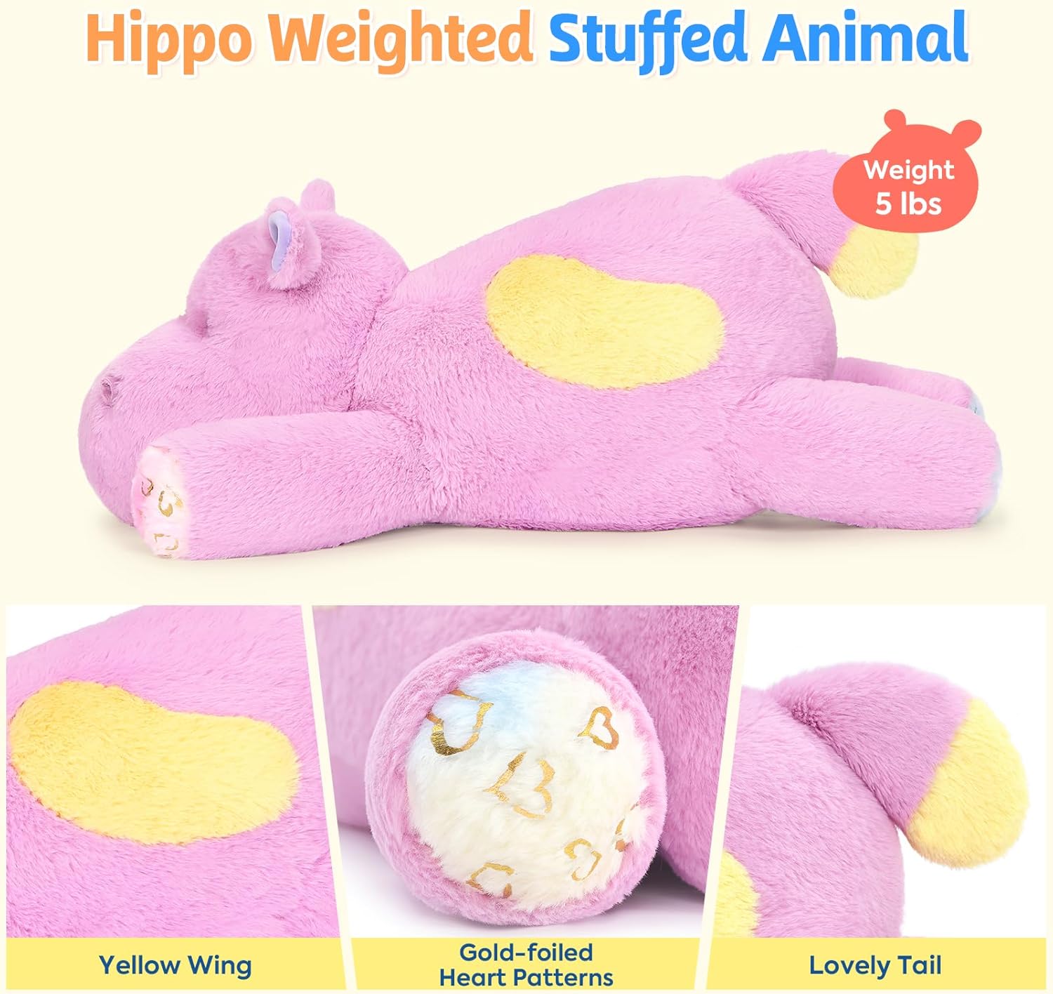 PEACH CAT 23.6 inch 5 lbs Hippo Weighted Stuffed Animals Large Hippopotamus Plushies Cute Plush Toys Gifts for Kids Adults