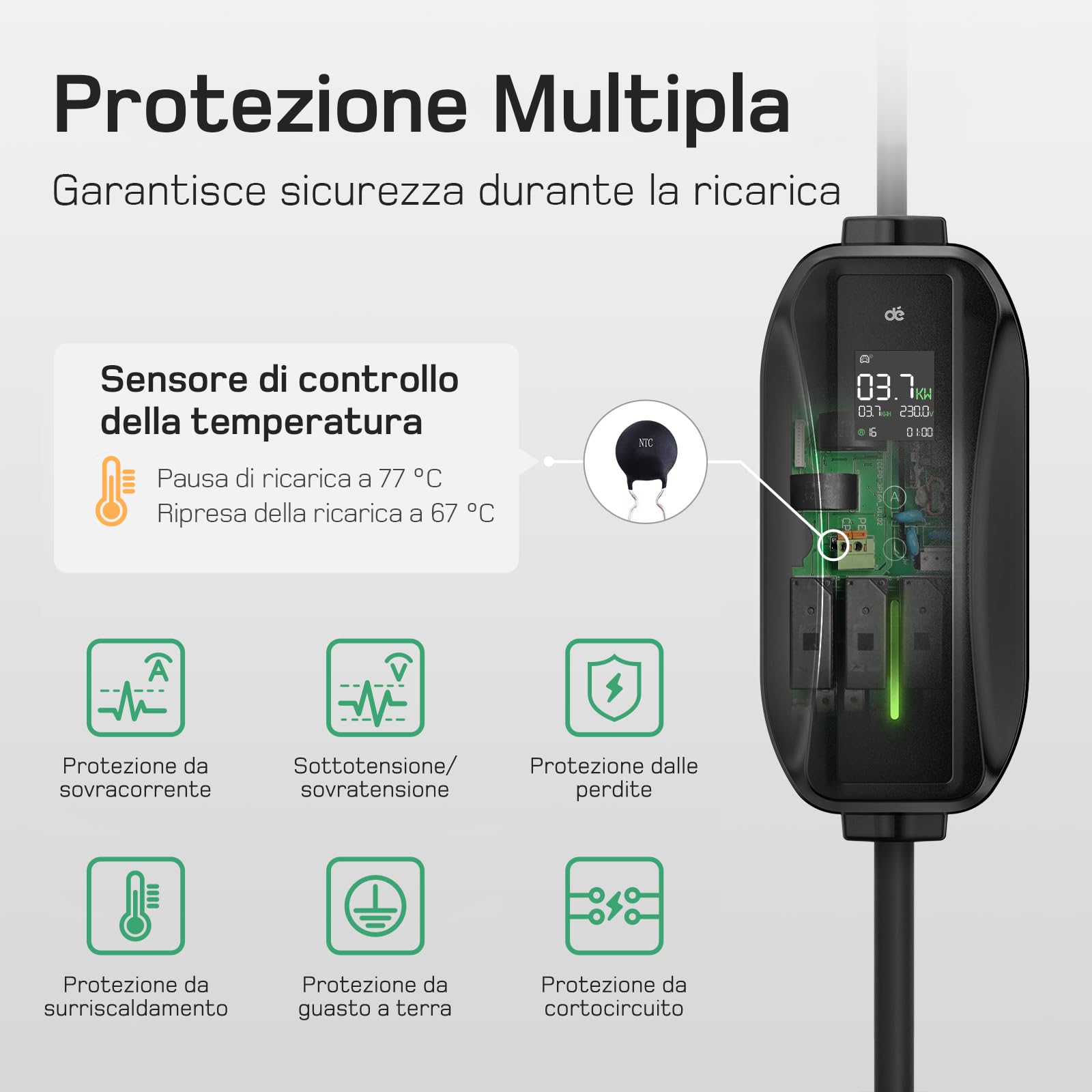 dé Cavo Ricarica Auto Elettrica Tipo 2 Schuko 6m [3,7kW| 6-16A] Colonnina Ricarica Auto Elettrica, Wallbox Portatile con LCD Digitale e Supporto Compatibile con Model 3/Y, Seal U e Altri EV/PHEV