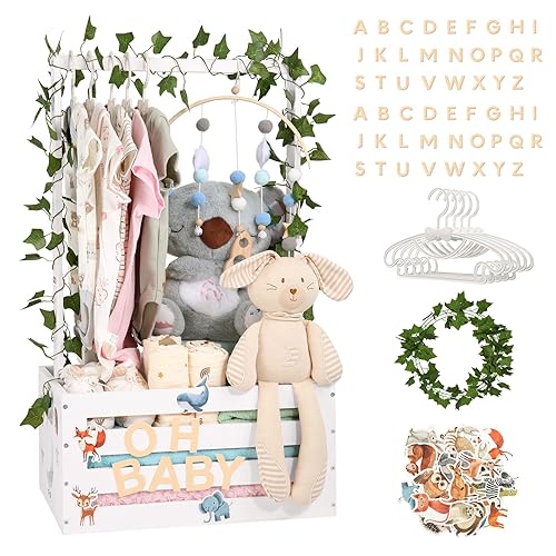 Miniatura 13 de Cesta de regalo para baby shower, caja de madera, letras de madera personalizadas y perchas para ropa recién nacido, regalos para bebés, niñas y