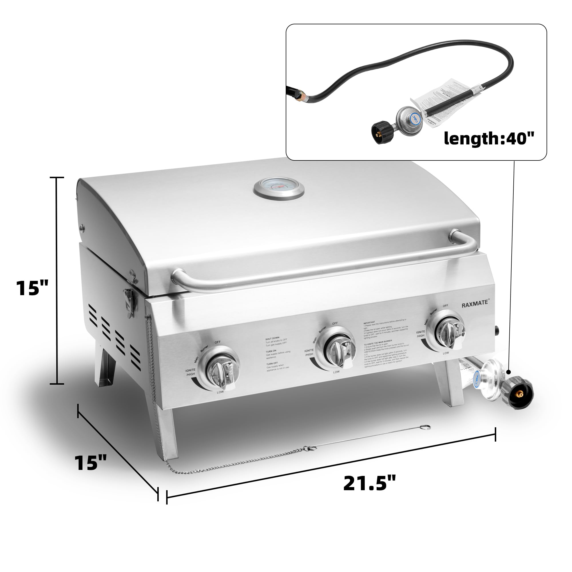 Parrilla portátil de gas propano, parrilla de mesa de acero inoxidable de 22 pulgadas con 3 quemadores, patas plegables, 30000BTU, perfecta para campamento, portón trasero, viajes en caravana y 2