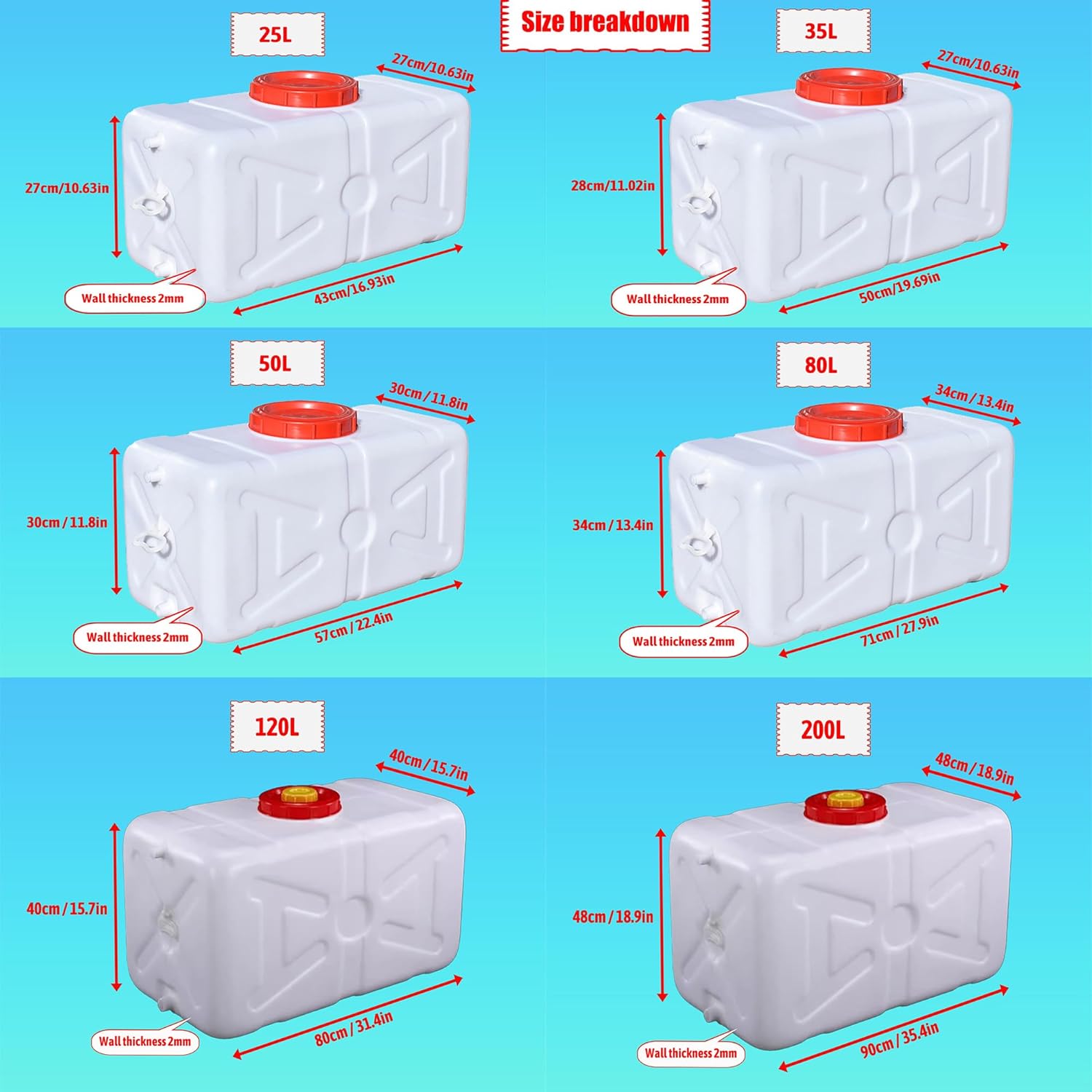 Water Storage Durable 2mm HDPE Water Tank 25L/35L/50L/80L/120L/200L - Leakproof Rigid Container Storage Tank for Camping RV Farm Home Emergency Use with Outlet Valve(Size:80L)