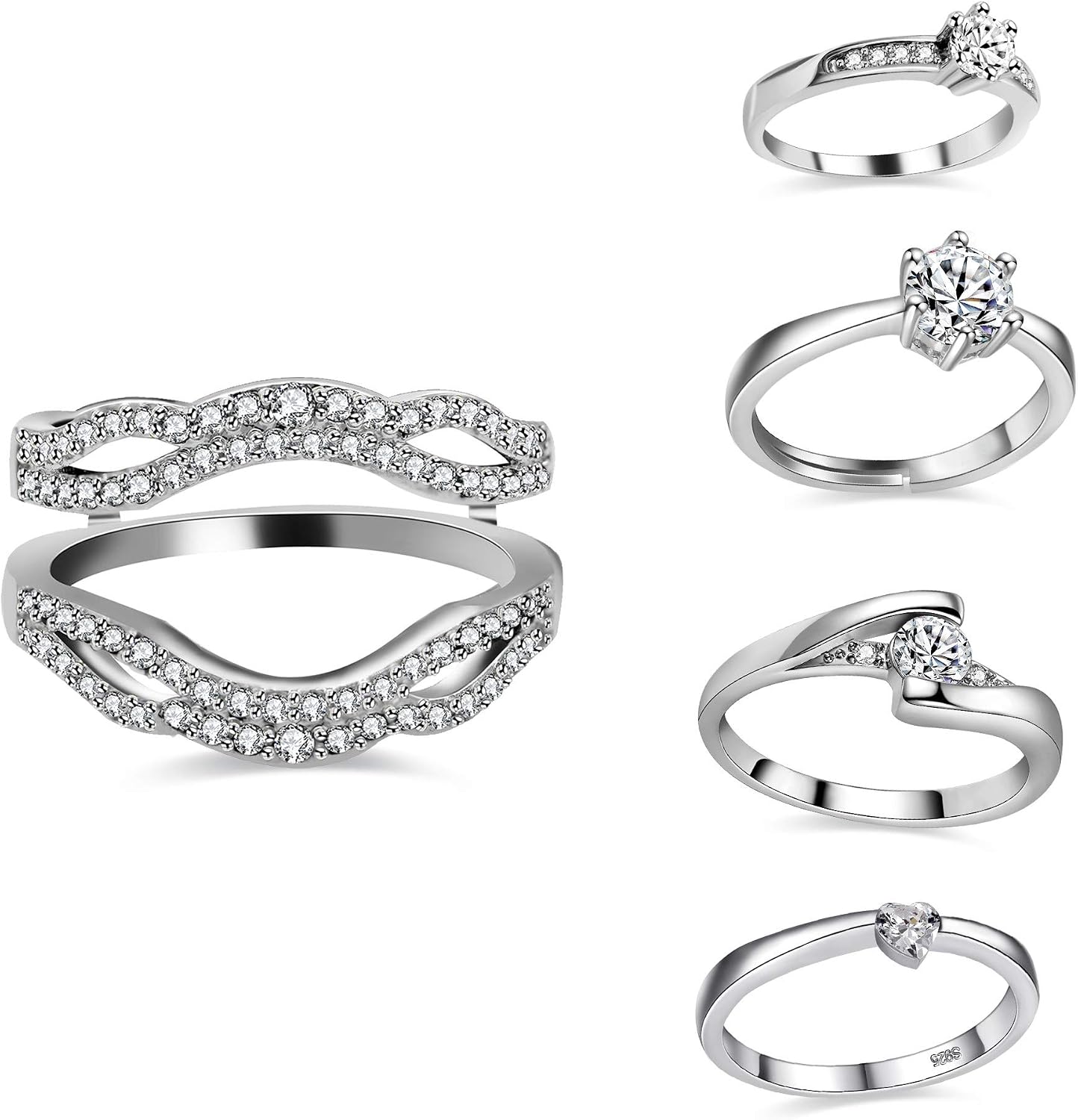 Uloveido 5 Pieces Rings Enhancer Set White Gold Plated Wedding Engagement Rings Set for Women with CZ Created Diamond Y450