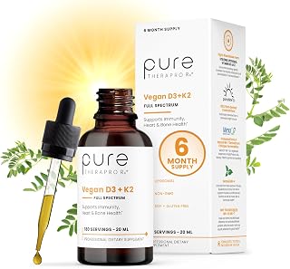 Pure Therapro Rx Vegan D3 + K2 Organic 100% Liposomal 20ml Made in USA | 6 Month Supply | Maximum Absorption Vitamin D3 and Vitamin K2 Supplements for Men and Women, D3 Vitamin 5000 IU