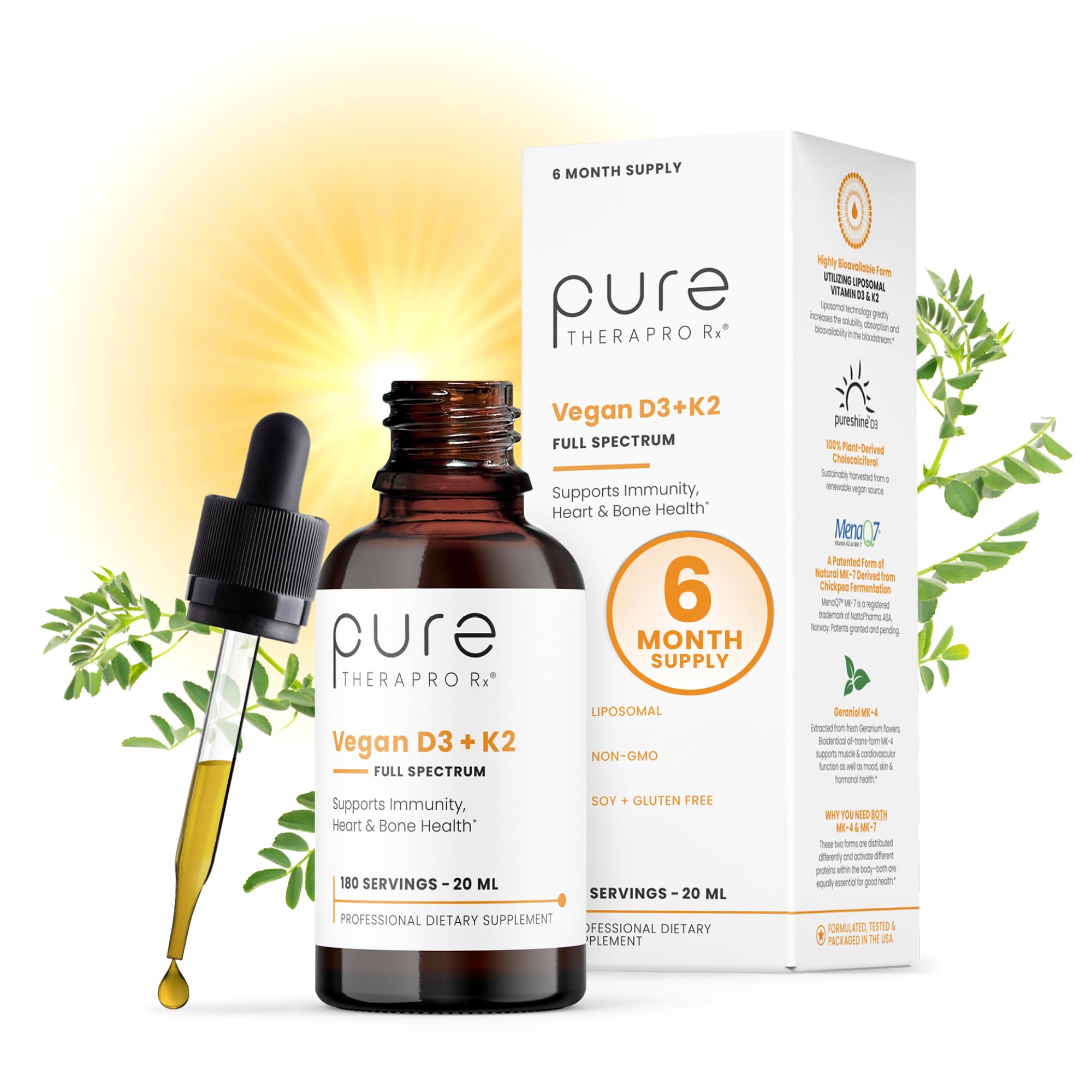 Pure Therapro Rx Vegan D3 + K2 Organic 100% Liposomal 20ml Made in USA | 6 Month Supply | Maximum Absorption Vitamin D3 and Vitamin K2 Supplements for Men and Women, D3 Vitamin 5000 IU