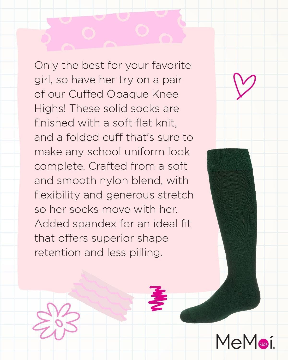 MeMoi Girls' Cuffed Opaque Knee High Socks