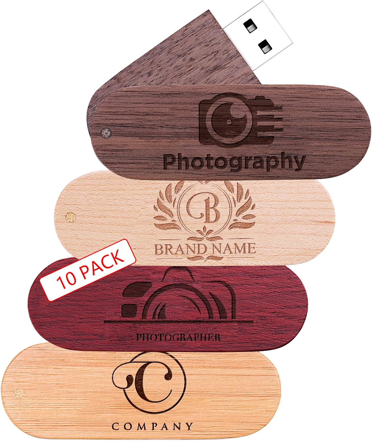 2GB 10Pcs Personalized Custom Wood USB 2.0 Flash Drive, Bulk Customized Swivel Thumb Drive, Engraved Wooden Memory Stick, Engraved/Printed Your Logo & Text for School/Office/Company/Photography
