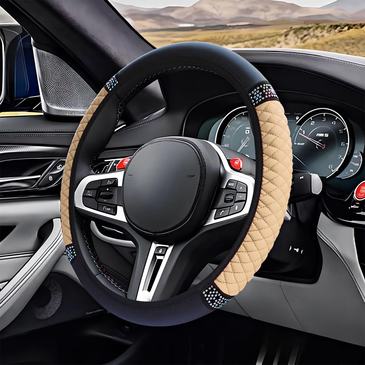 Bling Soft Leather Steering Wheel Cover, 15" Anti-Slip Sparkly Crystal Auto Elastic Steering Wheel Protector for Women Girl, Colorful Diamond Car Interior Accessory for Most Cars (Beige)