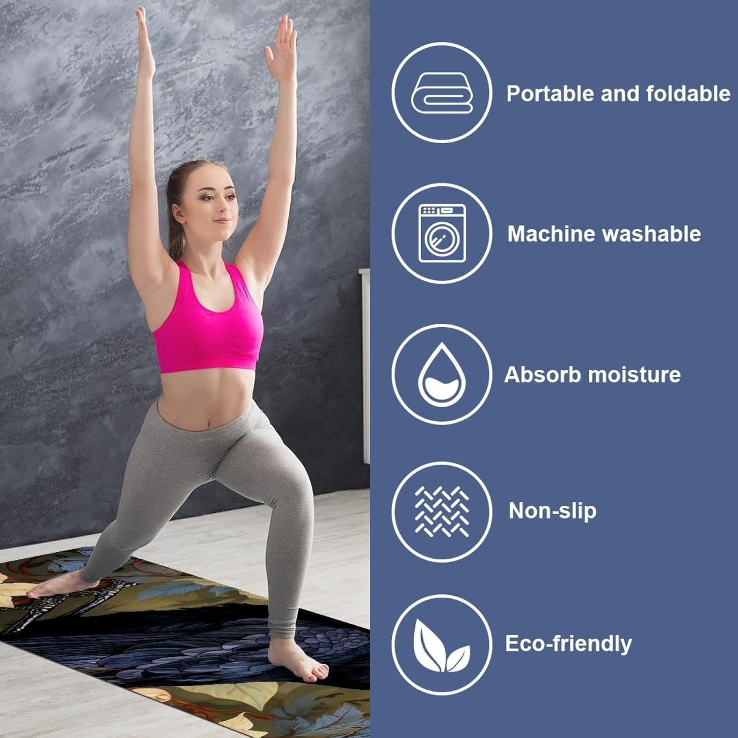 Yoga Towel, Black Crow Pattern Non Slip Sweat Absorbent Hot Yoga Mat Towel for Hot Yoga, Pilates and Fitness - 72.8" x 26.8"