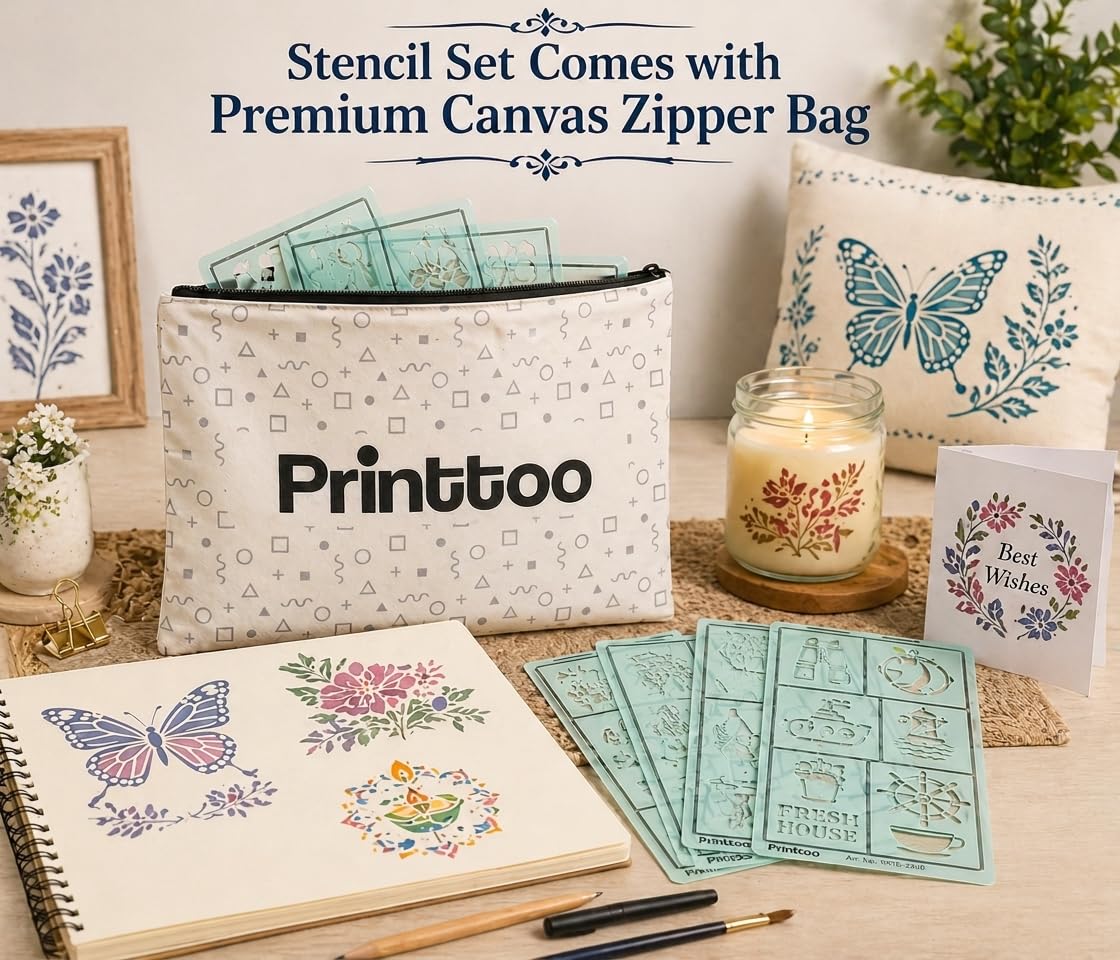 Printtoo Set di 6 stencil per scrittura con lettere dell'alfabeto, numeri, simboli, 6 fogli da 2 mm, in acrilico, con caratteri maiuscoli e minuscoli, righelli per cartelli, poster, diari, scuole