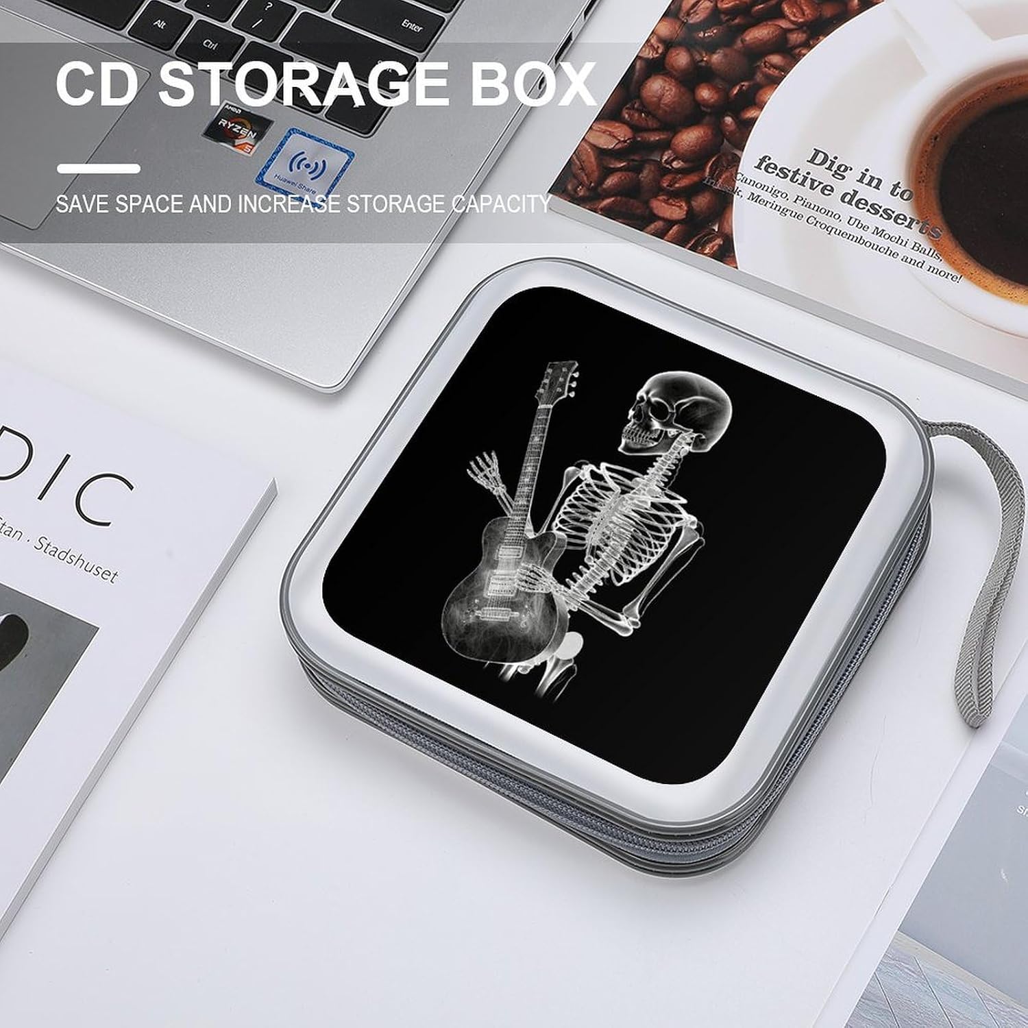 Abstract X-ray Skull Skeleton Playing Guitar CD Case with Hand Strap Lightweight DVD Wallet Holder 40 Capacity CD/DVD Case Wallet Protective CD Wallet CD/DVD Portable Storage Binder for Car Home Offic