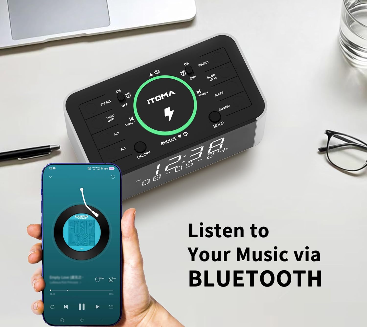 ITOA Alar Clock Radio Wireless Charging Digital Clock, F Radio, Bluetooth, USB Charging Dual