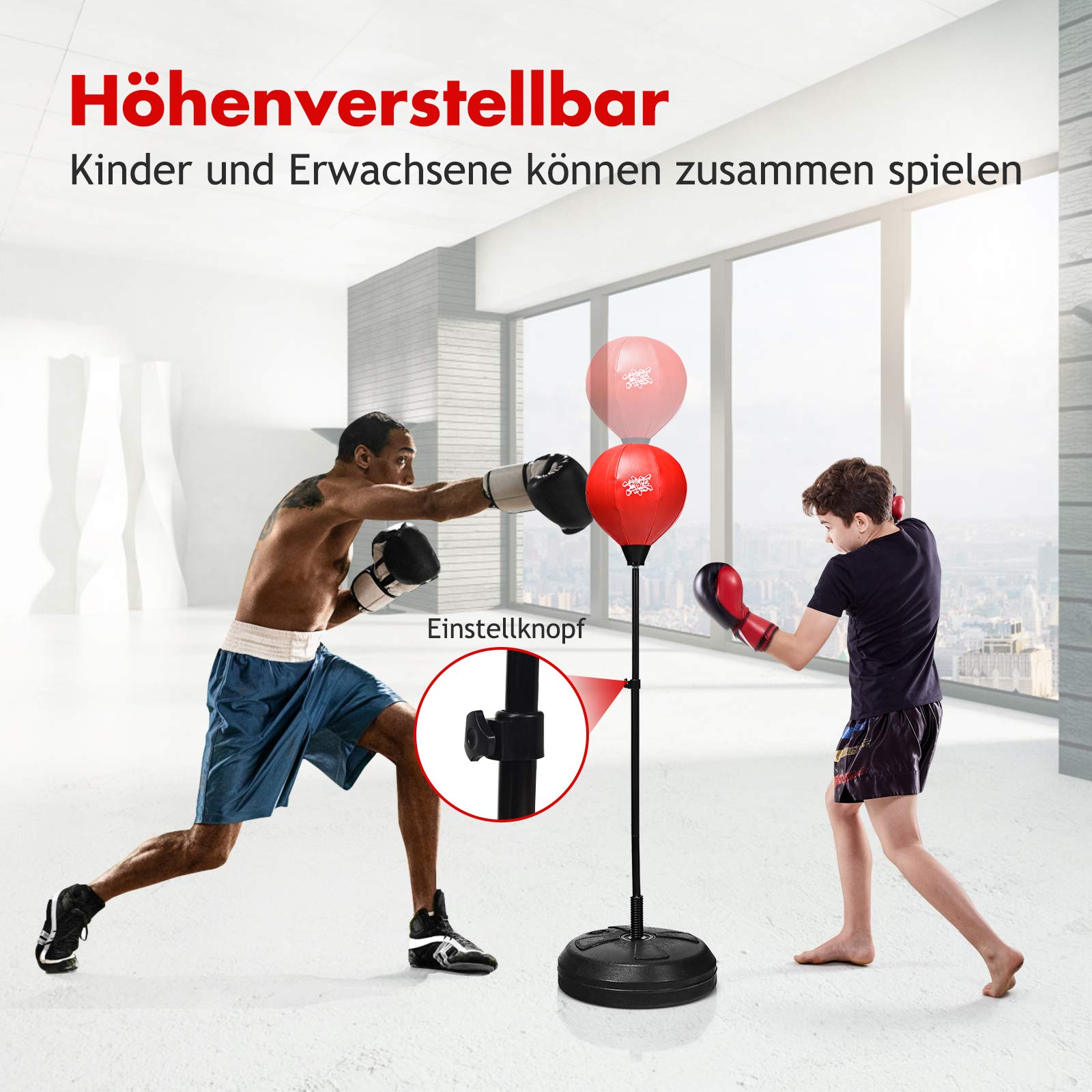 RELAX4LIFE Punchingball, aufblasbarer Boxball mit Boxhandschuhen & Luftpumpe, höhenverstellbarer Standboxball: 120-154 cm, Boxsack Set für Kinder & Jugendliche & Erwachsene, Box Set freistehend, rot