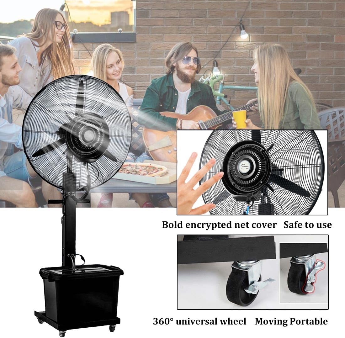 Pedestal Misting Fan Outdoor Cooling Spray Fan 3 Speeds Large Industrial Fans High Velocity Oscillating Cooling Standing Fans With Mister For Garage/Patios/Gym/Campi, 320W/26in