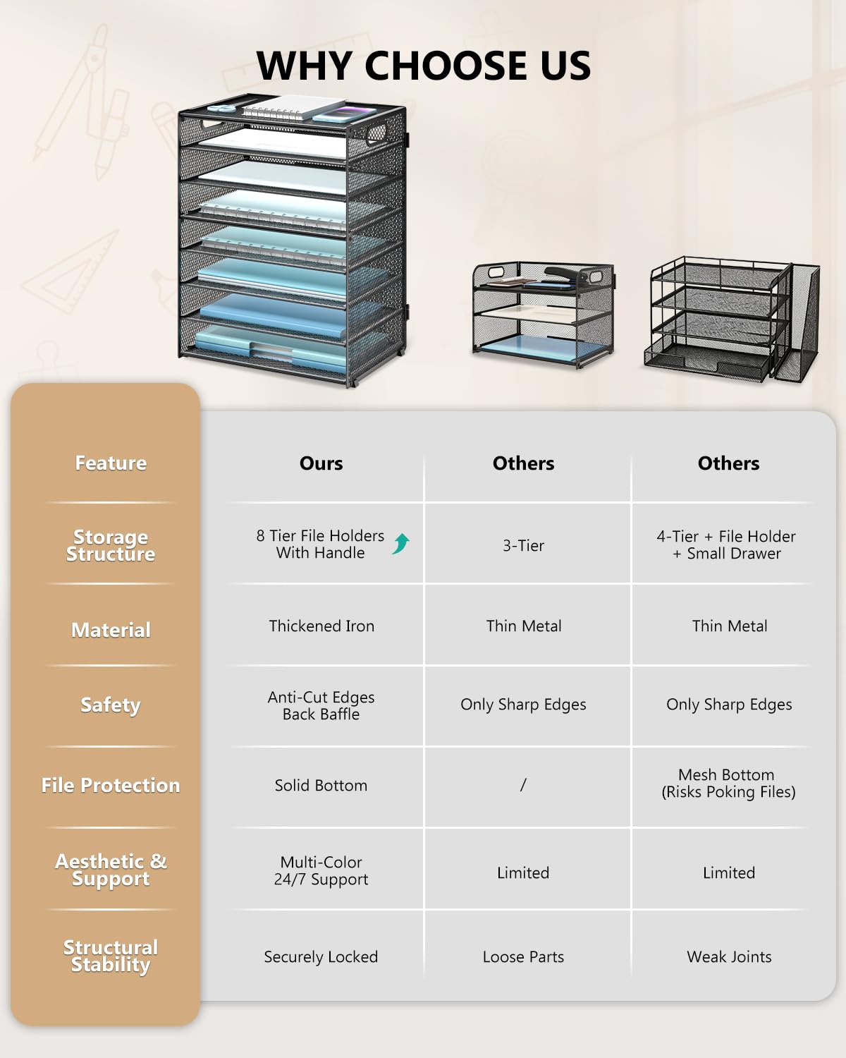 WALI Desk File Organizer, 8 Tier Desktop Paper Letter Tray Organizer with Handle, Office Desk Accessories & Workspace Organizers for Office, Home, School Supplies, 1 Pack, Black view 7