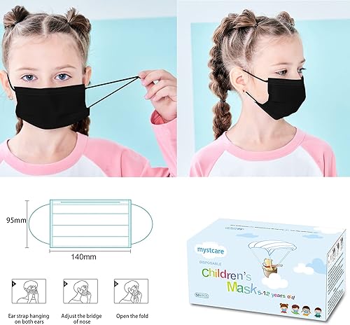 Miniatura 4 de Mascarillas Faciales Desechables para Niños Paquete de 50 Edades 5-12 Filtro Mascarillas Faciales de Seguridad de 3 Capas para Niños Uso Diario.