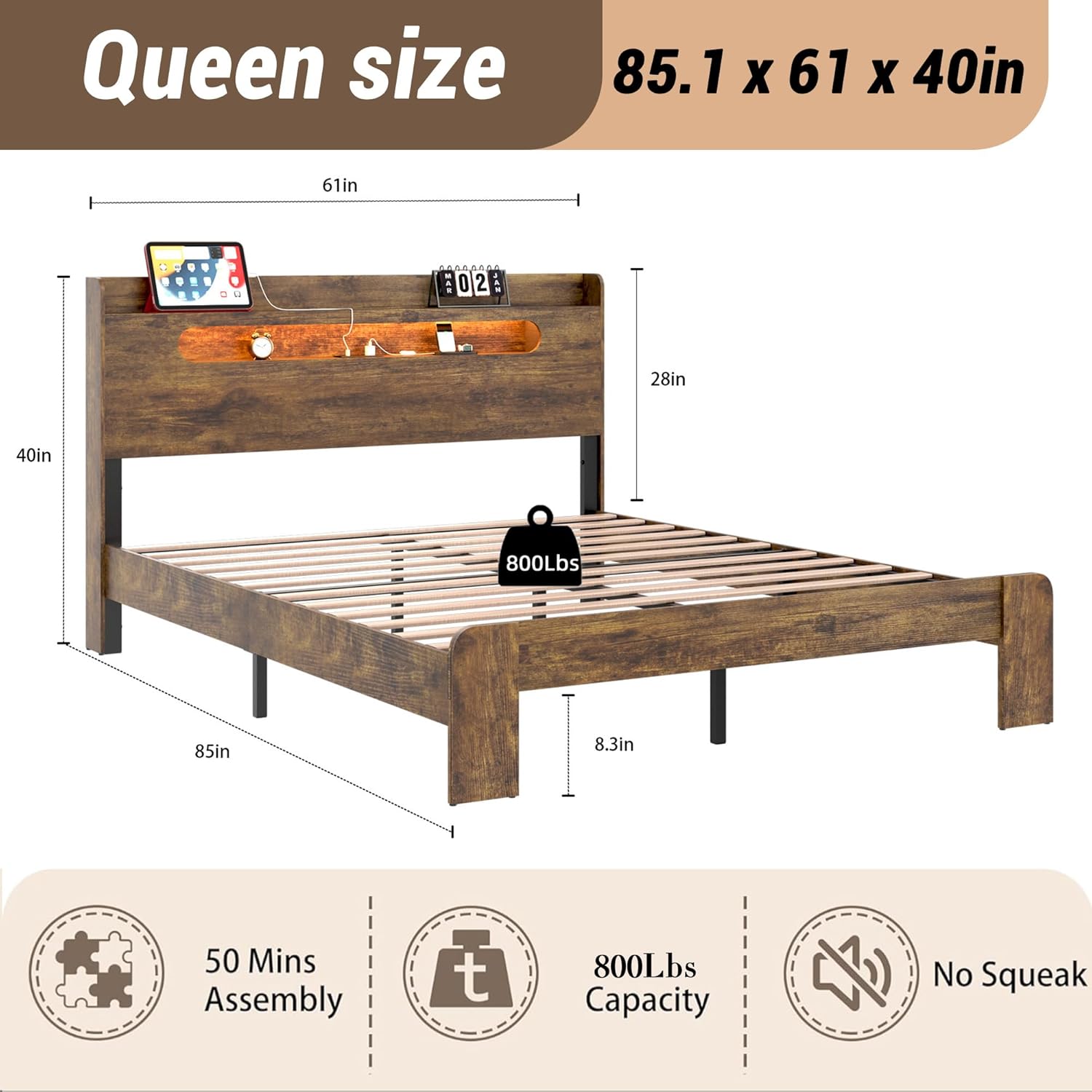 Decoholic Queen Size Wooden Bed Frame, Storage Headboard with Charging Station & Led Lights, Solid and Stable, Noise Free,Rustic Farmhouse Sturdy Framework Wood Bedframe, Easy Assembly