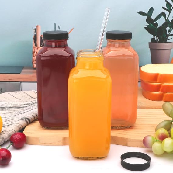 16 oz Glass Juice Bottles with Lids,Sqaure Juicing Bottles Reusable Glass Drinking Jars Set of 10,Empty 500ml Juice Containers Glass Bottles for Smoothies,Water,Kombucha