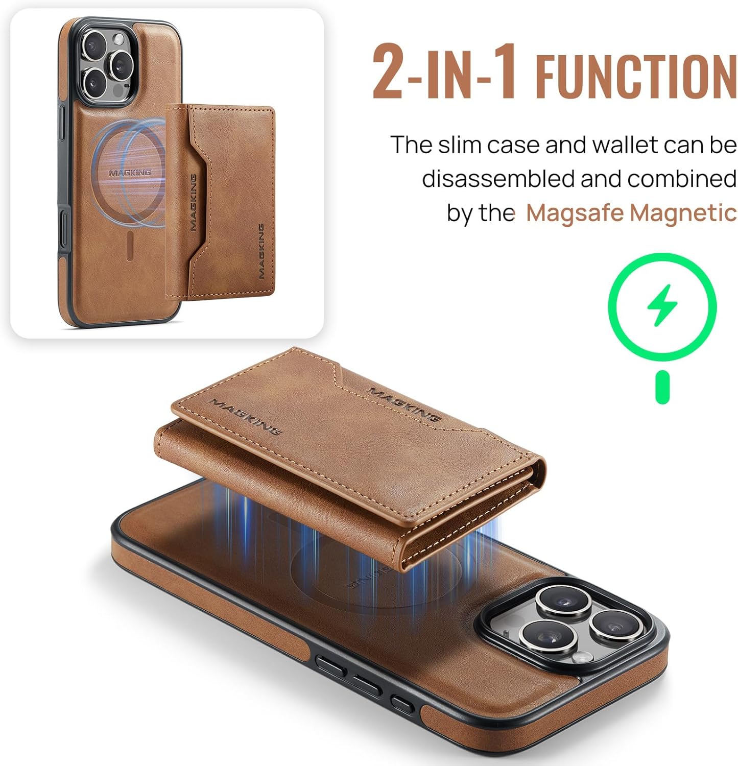 SZHAIYU K2 2 in 1 Detachable Magnetic Phone Cases Compatible with iPhone 16 Pro Case with Card Holder RFID Blocking, Compatible with Magsafe Wallet, Leather 6.3'' (iPhone 16 Pro,Brown) - Image 7