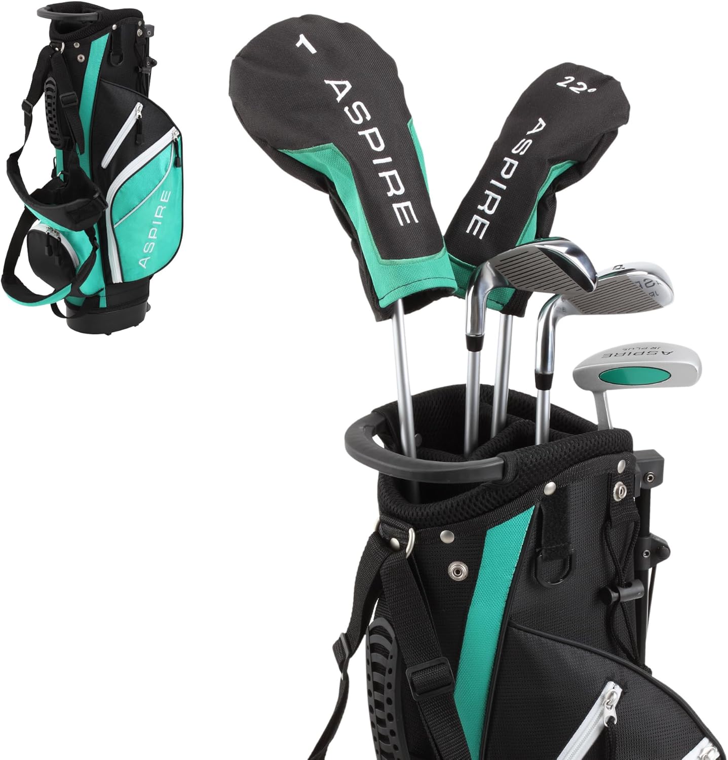 Aspire Junior Plus Kids Golf Clubs – Boys’ & Girls’ Right-Handed Golf Set with Lightweight Stand Bag, Graphite Shafts & Aircraft-Grade Aluminum Clubs