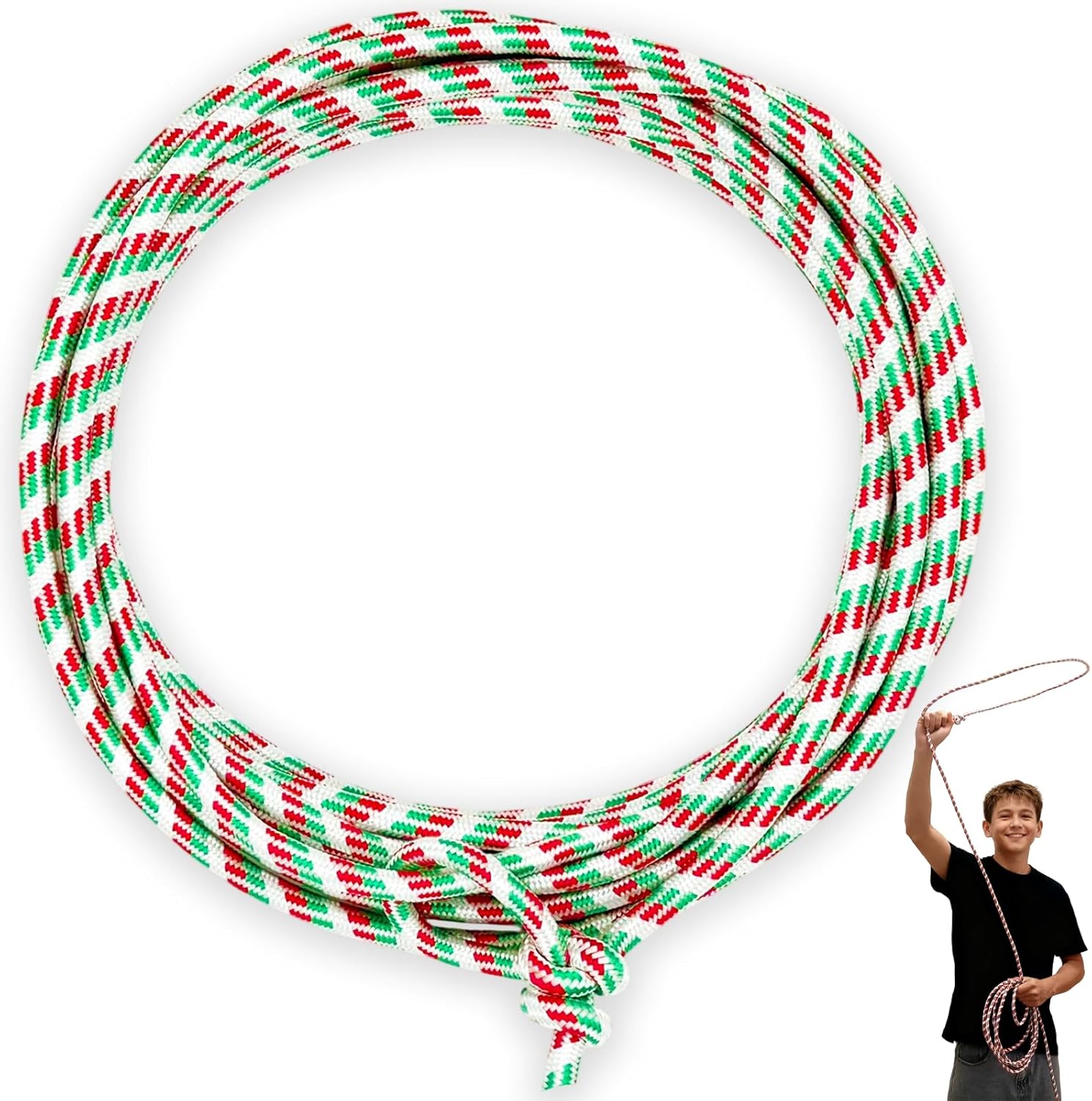 Cowboy Lasso Rope for Kids with Pre-Tied Loop, 20' - 9mm Unwaxed Lariat Roping Rope Toy for Indoor Outdoor Western Play & Costume Prop (Red Green)