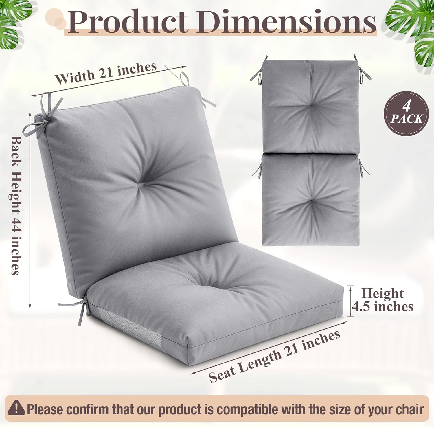 Marsui 4 Pack High Back Outdoor Chair Cushions Patio Furniture Tufted Pillow with Ties for Seat Pads Water Resistant Rocking Seat Cushions for Patio Dining Porch, 42 x 21 x 5 Inches (Light Gray)