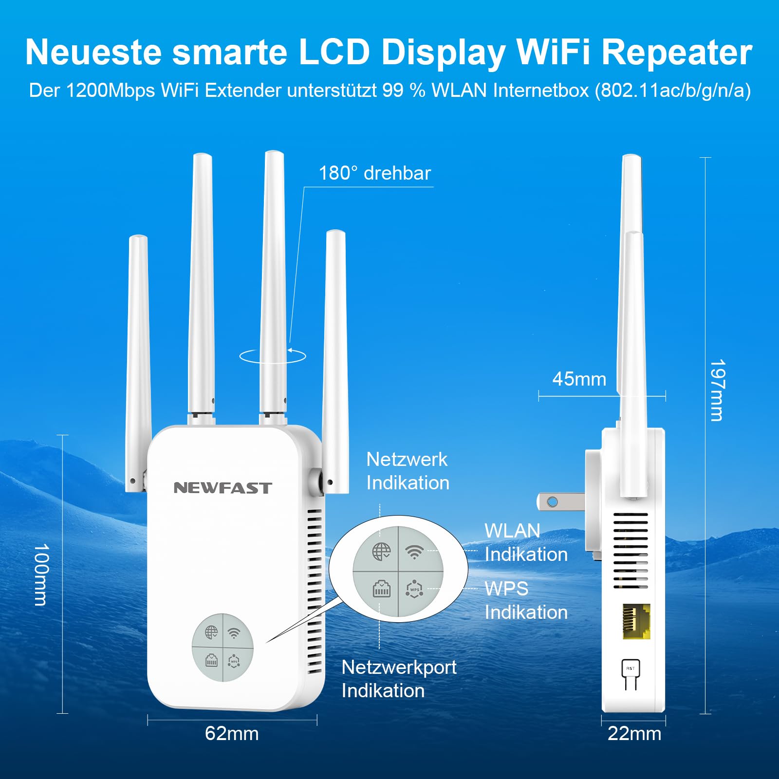 NEWFAST WLAN Verstärker,1200Mbit/s Dual Band WLAN Extender with WPS,4X Swivelling Antennes,Ethernet Port,WiFi Booster of Multiple Functions,WiFi Repeater Extender Compatible with All WLAN Devices