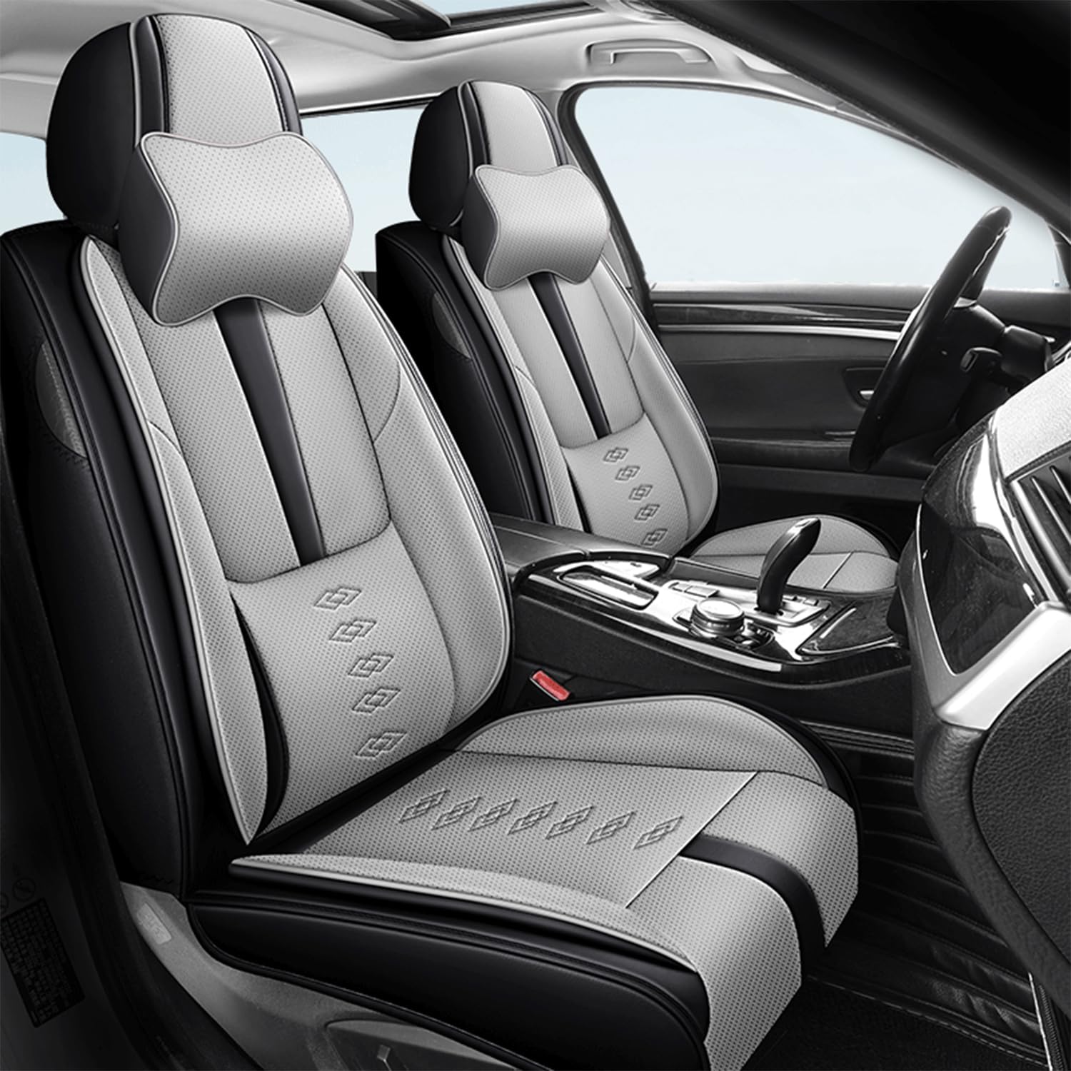 Car Seat Covers for Neon,for Dodge Neon 2000-2005,Leather Front Seat Covers,Airbag-Compatible Car Seat Protectors,Waterproof Seat Cover for Cars(Black+Gray,2PCS/with Pillows)