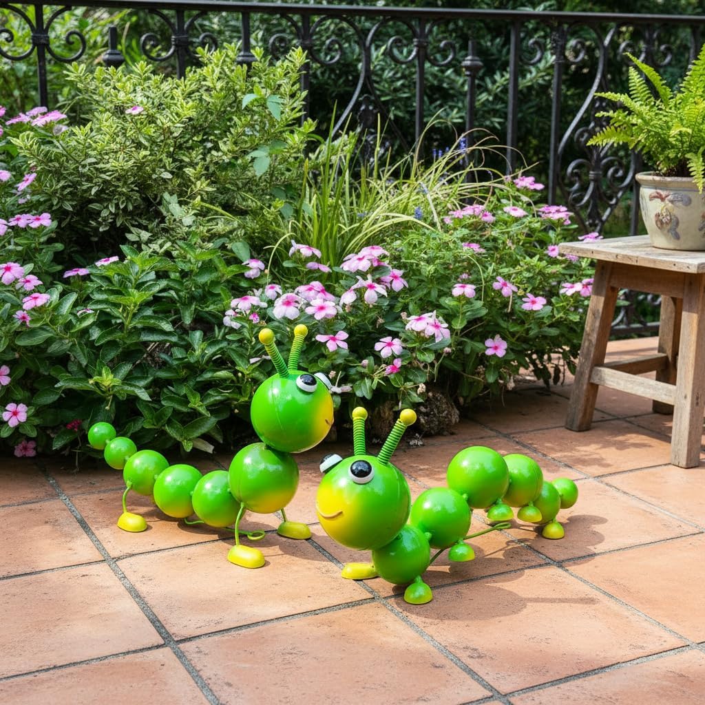 Cruis Cuka Metal Caterpillar Statue Yard Art Garden Decor for Outside Patio Lawn Ornaments Fence Decorations Gift for Family,Friends,Garden Lovers - Set of 2(Green)
