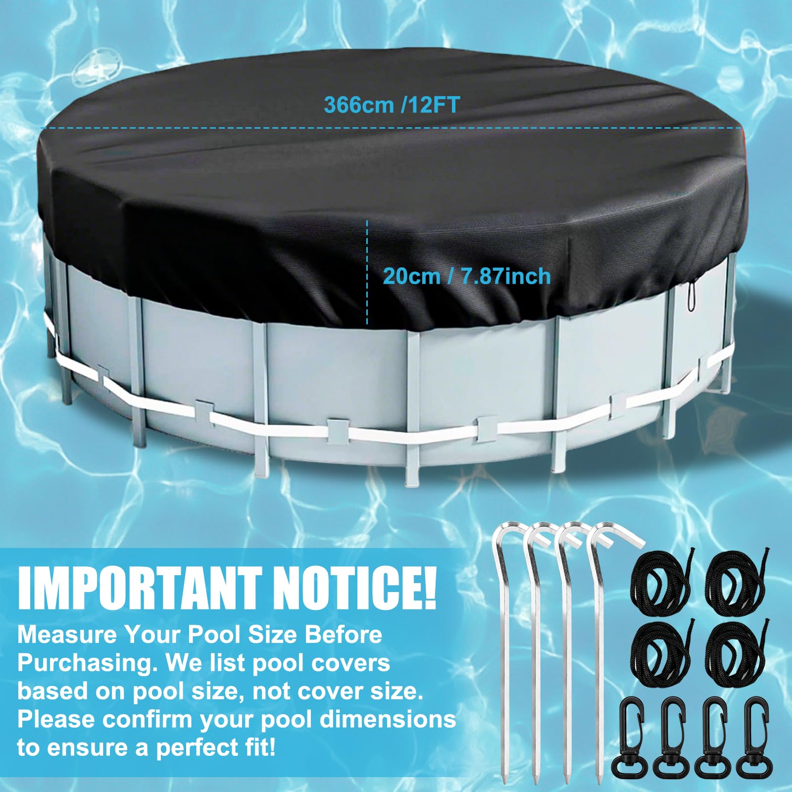 Cubierta para Piscinas, Cubierta de Piscina Redonda, Lona Cubre Piscina con Ganchos,Clavijas y Cuerdas De Fijación, Cobertor Piscina Resistente a los Rayos UV y al Polvo (Ø366cm)