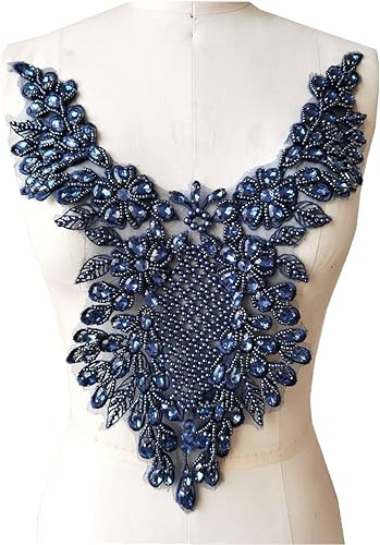 Miniatura 10 de Apliques de encaje hechos a mano con diamantes de imitación para coser a mano, parches para ropa de vestir, falda y cuello accesorios (negro)