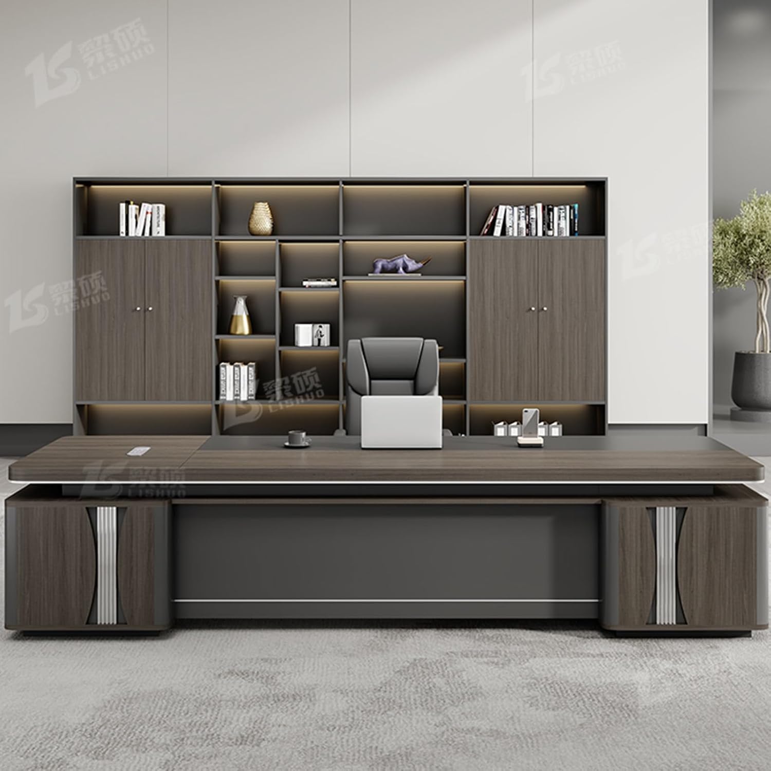 L-Shaped Brown Executive Office Desk Computer Desk with Lateral Cabinet Study Writing Table Business Furniture Set for CEO Boss