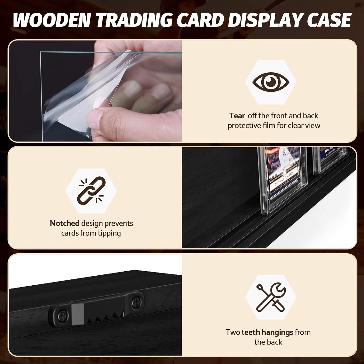 Emfogo Card Display Case, Trading Card Display Frame Wall Mount, Wooden Baseball Card Display Case with Clear View, Graded Sports Card Display for Trading Card Collection (1 Pack-Black)