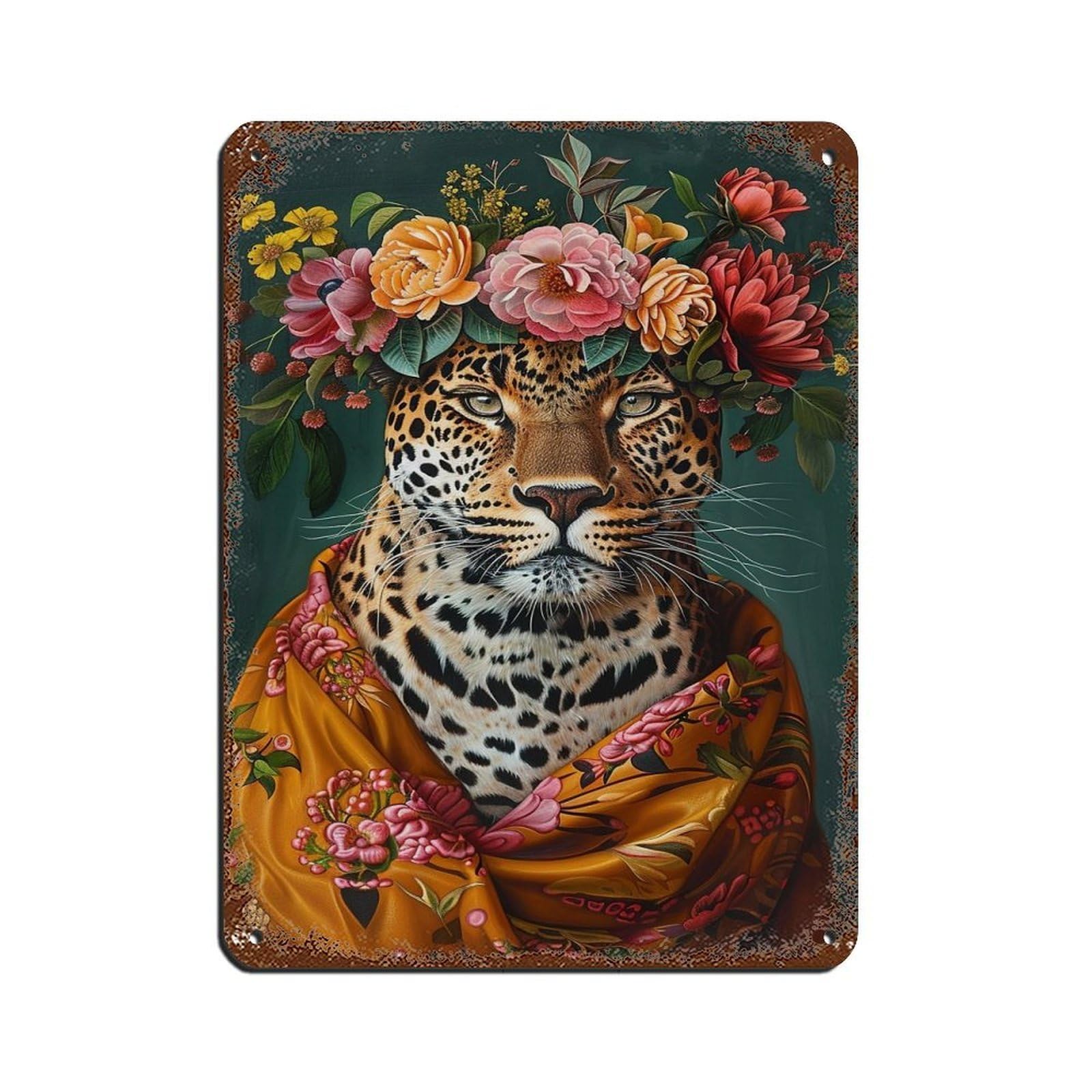 Vintage Maximalist Floral Leopard Painting Poster Retro Poster Metal Tin Sign Chic Art Retro Iron Painting Bar People Cave Cafe Family Garage Poster Wall Decoration 12x16inch(30x40cm)