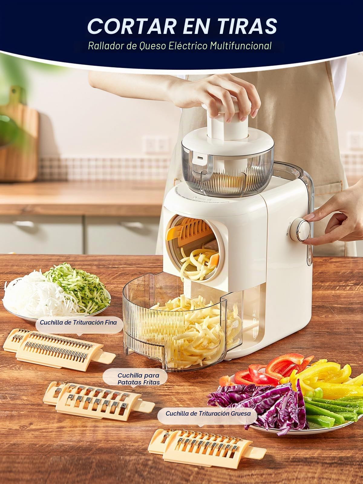 FOHERE Rallador eléctrico multifuncional, 6 cuchillas, 50 W, recipiente de 1,8 l, picadora para verduras, queso, cebollas, zanahorias, pepinos, blanco