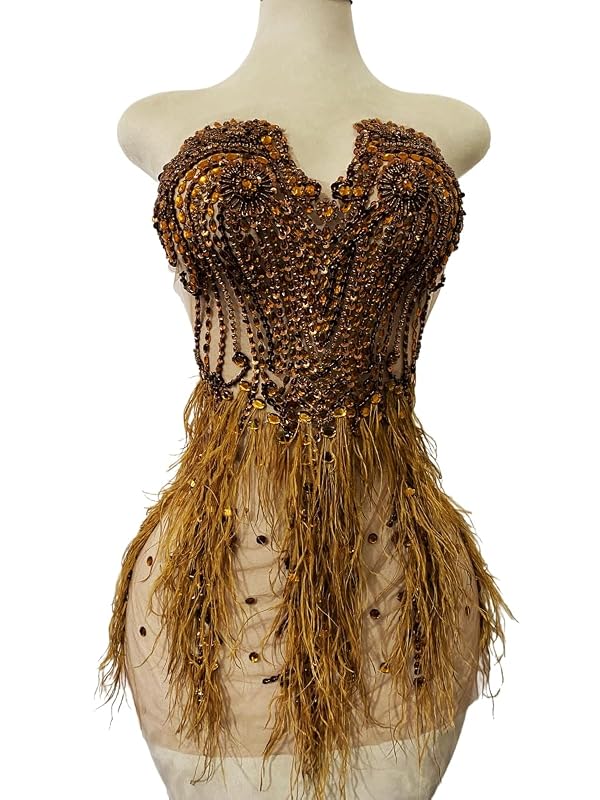 Beautiful Ostrich Fur Decoration Large Full Bodice Applique Pure handsewing Shining Rhinestones Beads lace Trim Patches for Wedding Party Evening Dress Accessories (Brown) by Zbroh - Image 2
