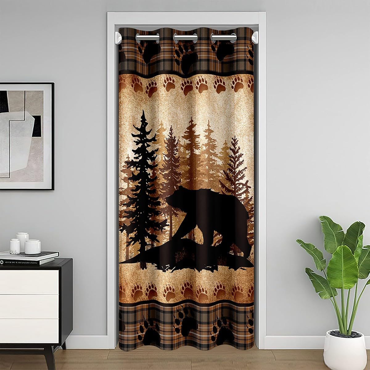 Castle Fairy Jungle Bear Door Curtain Rustic Farmhouse Style Vintage Plaid Doorway Curtain for Closet Door Wild Animal Pine Trees Decor Door Drape for