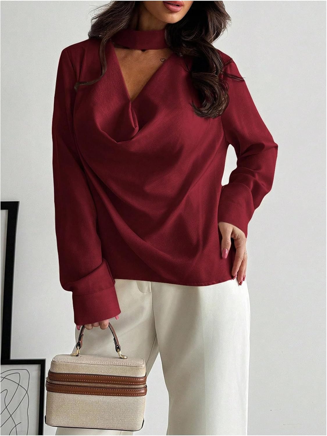 SHENHE Women's Cowl Neck Loose Blouse Elegant Long Sleeve Business Work Shirt with Scarf