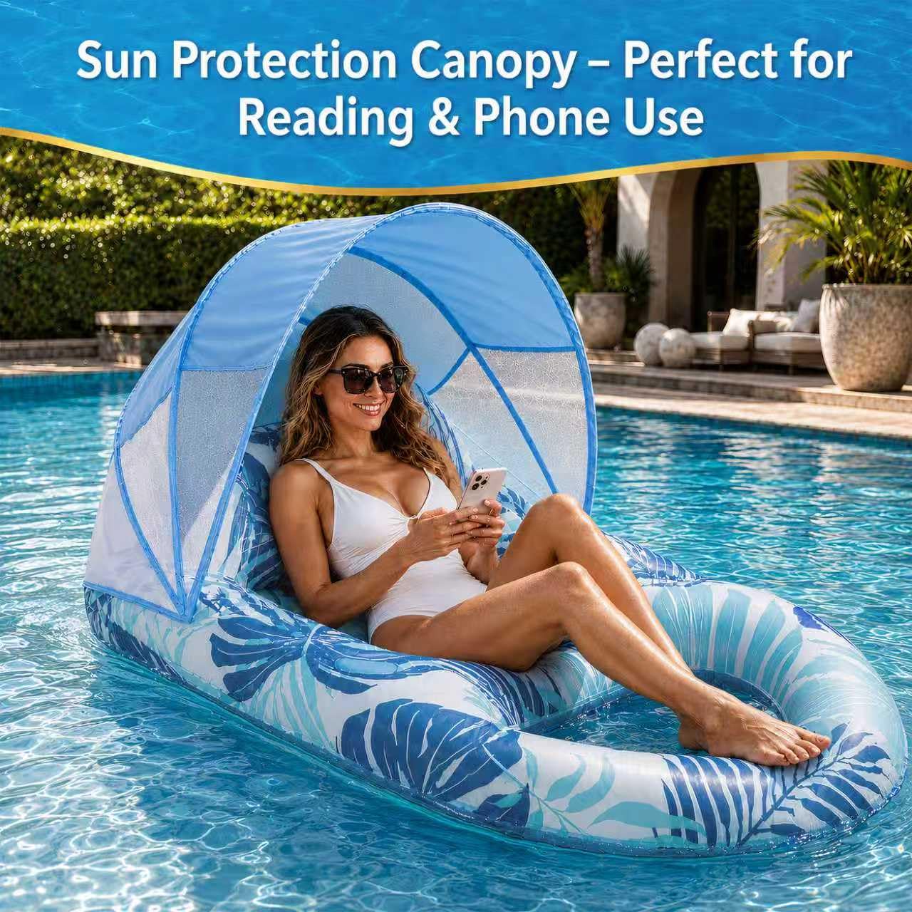 SLOOSH Flotteurs de piscine avec auvent pour adultes, chaises longues gonflables de piscine XL avec porte-gobelets, chaise flottante pour adultes, flotteurs gonflables avec appui-tête pour la plage
