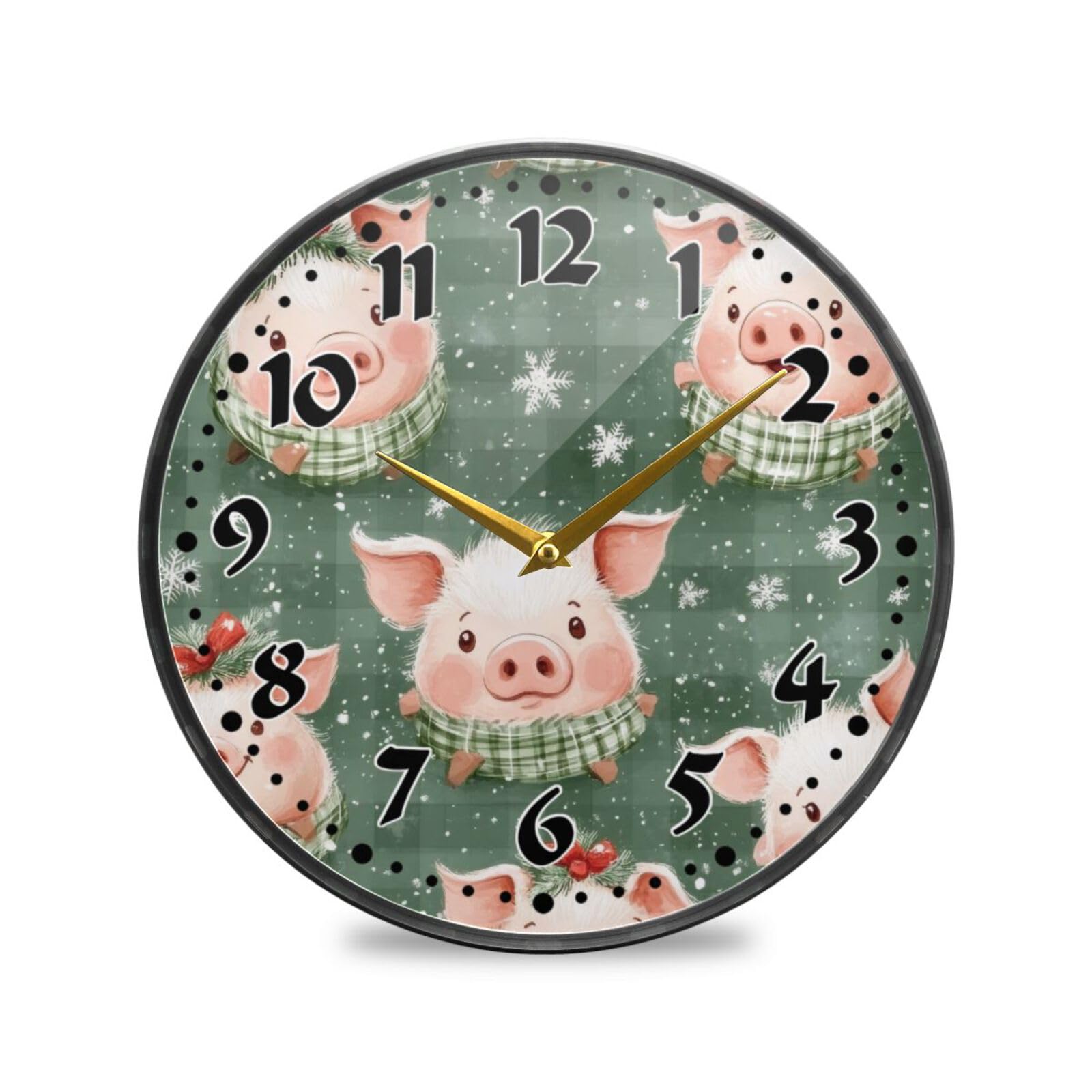 Christmas Pigs Wall Clock 9.5 Inch Silent Non Ticking Battery Operated Analog Clocks for Office, Home, Kitchen, Bedroom, School, and Living Room Decor