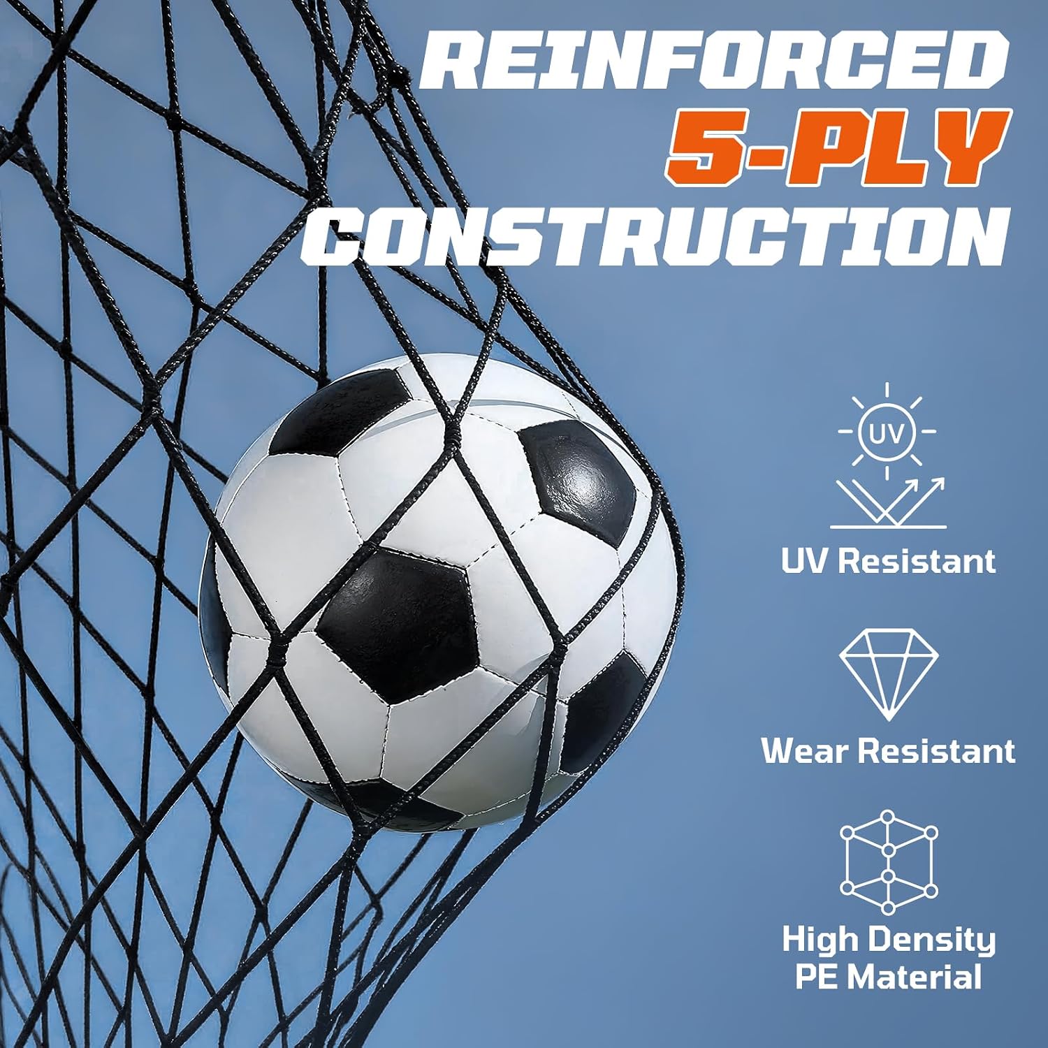 Close-up of the soccer goal net with a soccer ball, highlighting UV resistant, wear resistant, and high density PE material properties