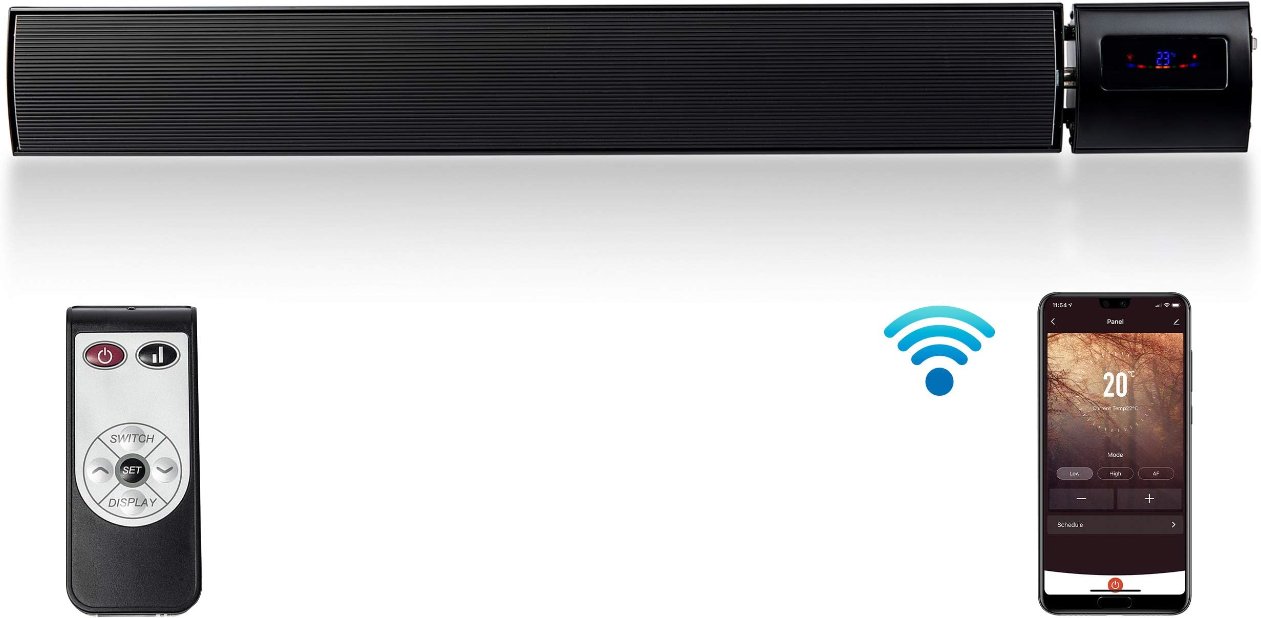 Devola Electric Radiant Patio Heater Wall Mounted Wi-Fi Enabled and Remote Control 4 Power Settings 24 Hr Timer IP44 Rated for Outdoor/Indoor Use LED Display Child Lock - DVRH1800B (1800W)