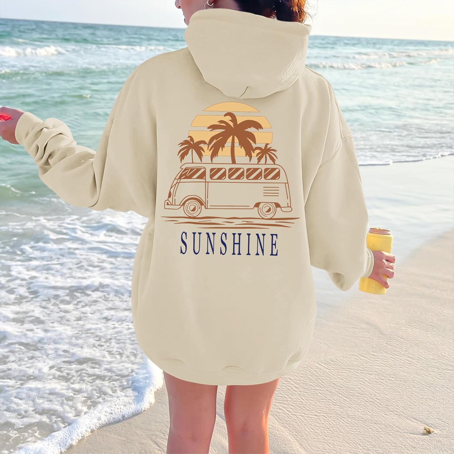 Beach Graphic Hoodies for Women Sunset Palm Tree Hoodie With Pockets Drawstring Fleece Sweatshirt Vacation Pullover - Image 2