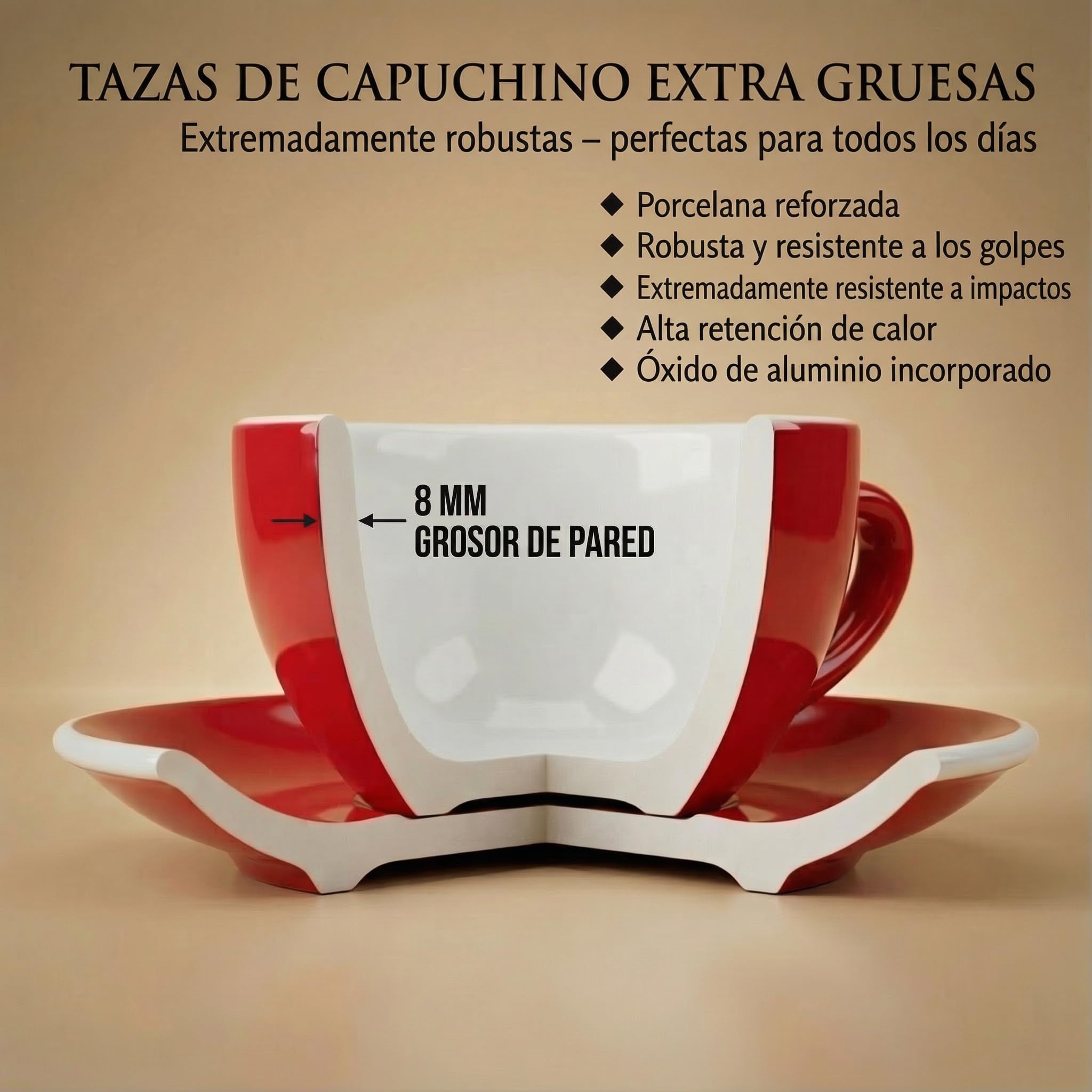 Juego de 6 tazas de Capuchino 200 ml | Rojo | Estilo italiano | Pared gruesa y pesada | Apto para lavavajillas - Caja regalo