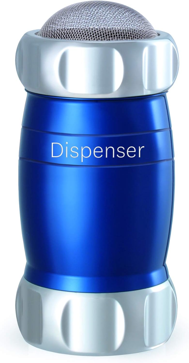 Marcato Dispenser/Shaker, Blue. Made in Italy, Ideal for Dusting Pasta, Cookies & Desserts with Flour, Powdered Sugar, Cocoa or Spices, Evenly Sifts Ingredients