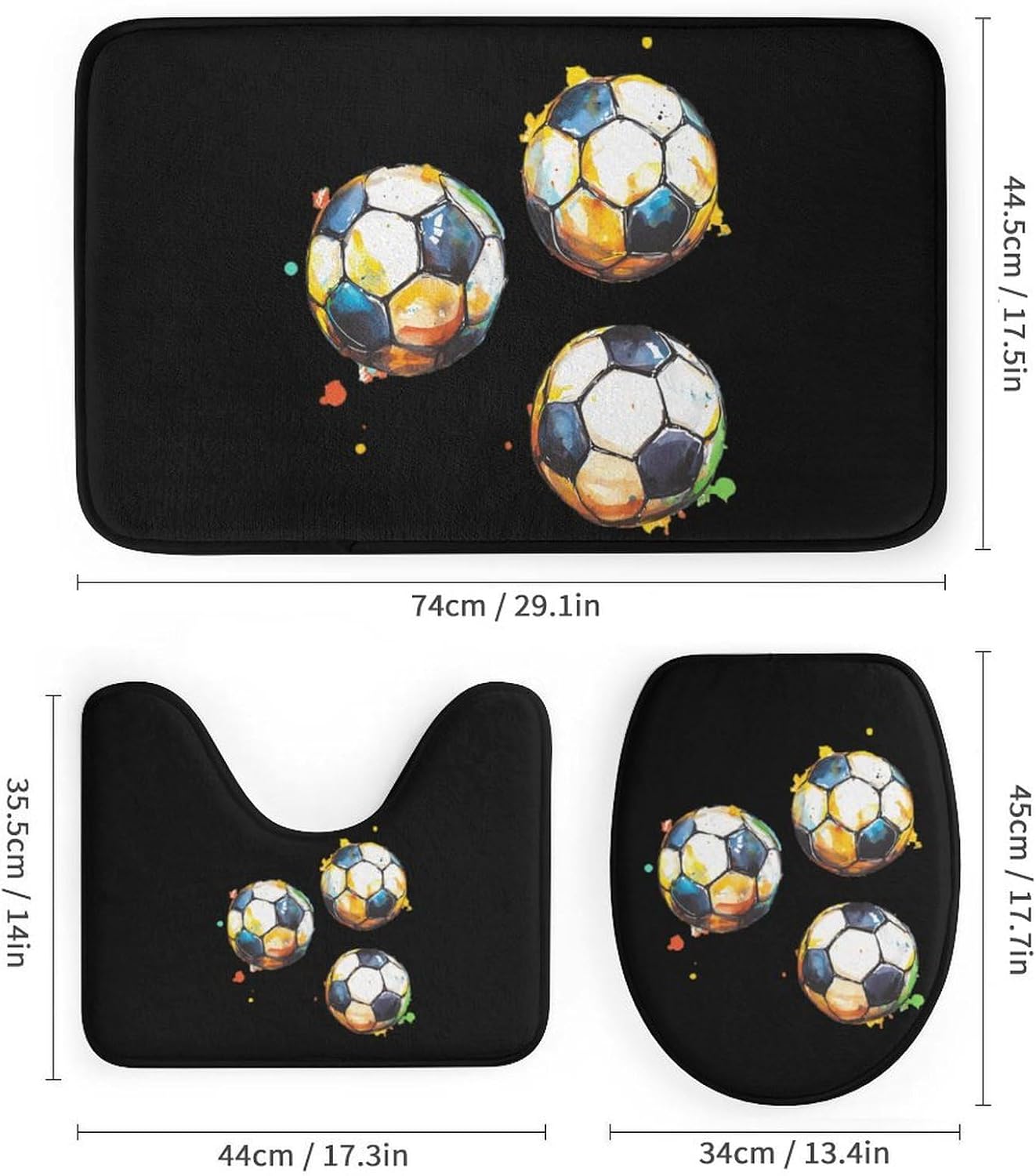 Soccer Balls Sports Footballs Bathroom Sets with Shower Curtain and Rugs 4 Piece with U-Shaped Floor Mat Toilet Lid Cover