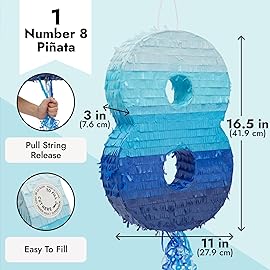 BLUE PANDA Ombre Blue Number 8 Pull String Pinata, Party Game for Kids Ages 3-14, Fillable Hanging Decoration for Birthday Decorations, Holds Candy, Toys & Confetti (16.5 x 11 x 3)
