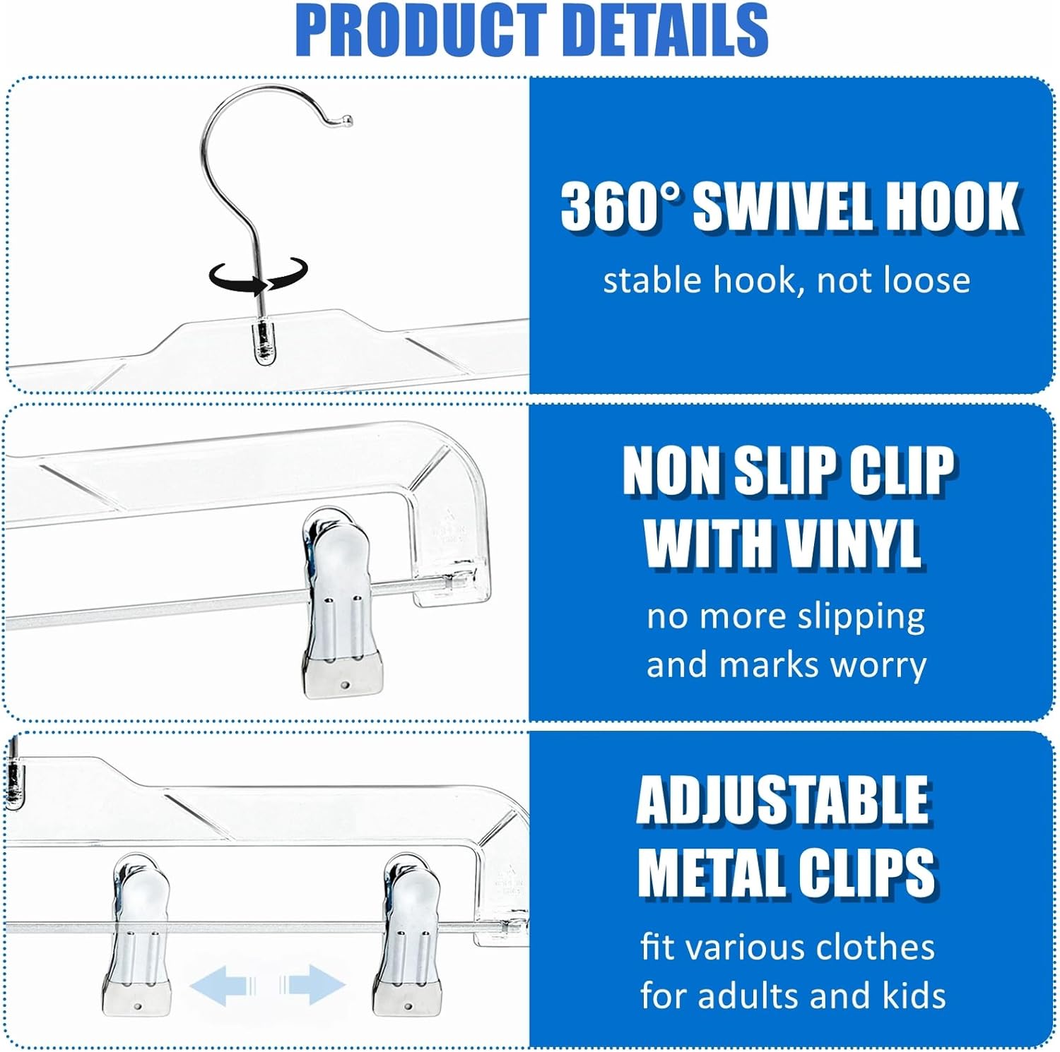 Amber Home 24 Pack Clear Plastic Jeans Pants Skirt Hangers, Bottom Hangers with Adjustable Clips & 360 Swivel Hook, Crystal Clear Plastic Clothes Hangers for Jeans, Pants, Skirts, Short - Image 3