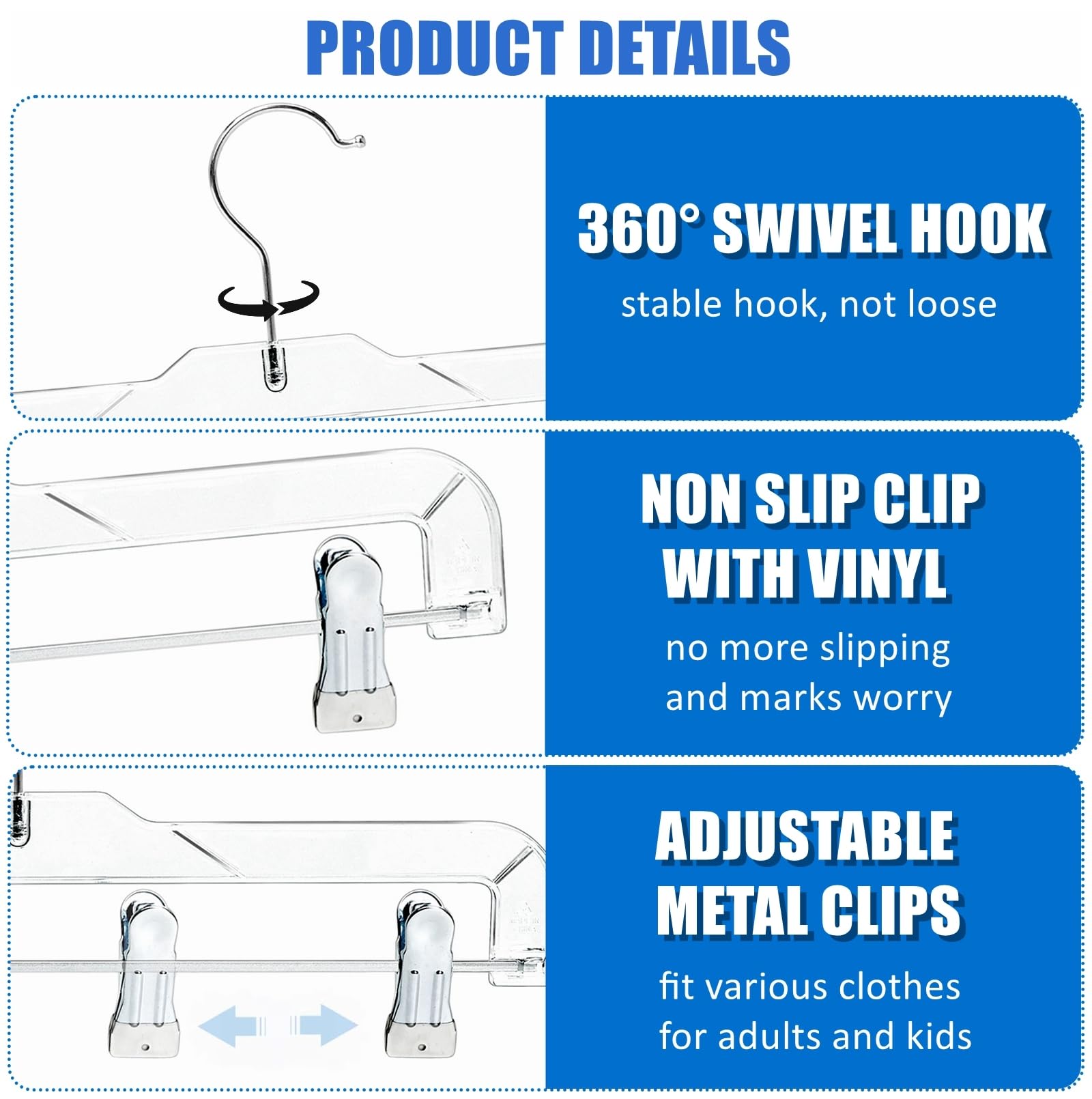Amber Home 24 transparente Kunststoff-Kleiderbügel für Jeans, Hosen, Röcke, mit verstellbaren Clips und 360° drehbarem Haken | Rutschfeste Rockbügel mit 360 Grad drehbarem Haken, kristallklare Kleiderbügel für Jeans, Hosen und Shorts