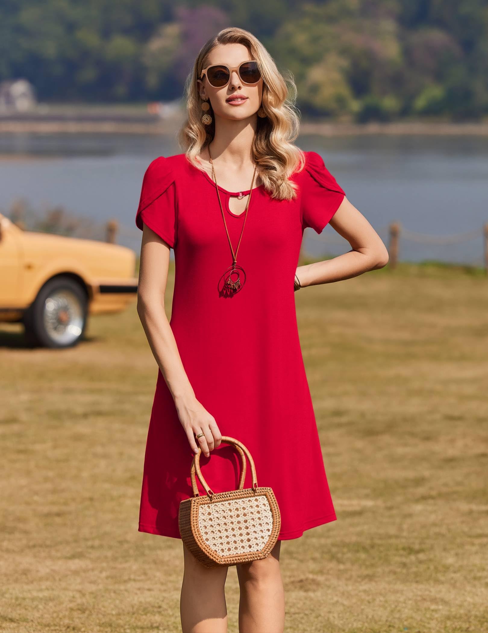 Zeagoo Robe Femme Ete Manches Courtes Robe Décontractée Col Rond Mi Longue Tunique Robe avec Poches S-XXL